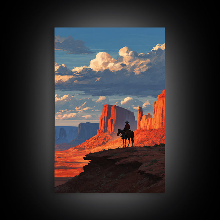 Cowboy On Horse Looking Over Red Rock Canyon Landscape Sunset Western Wall Art Canvas Print