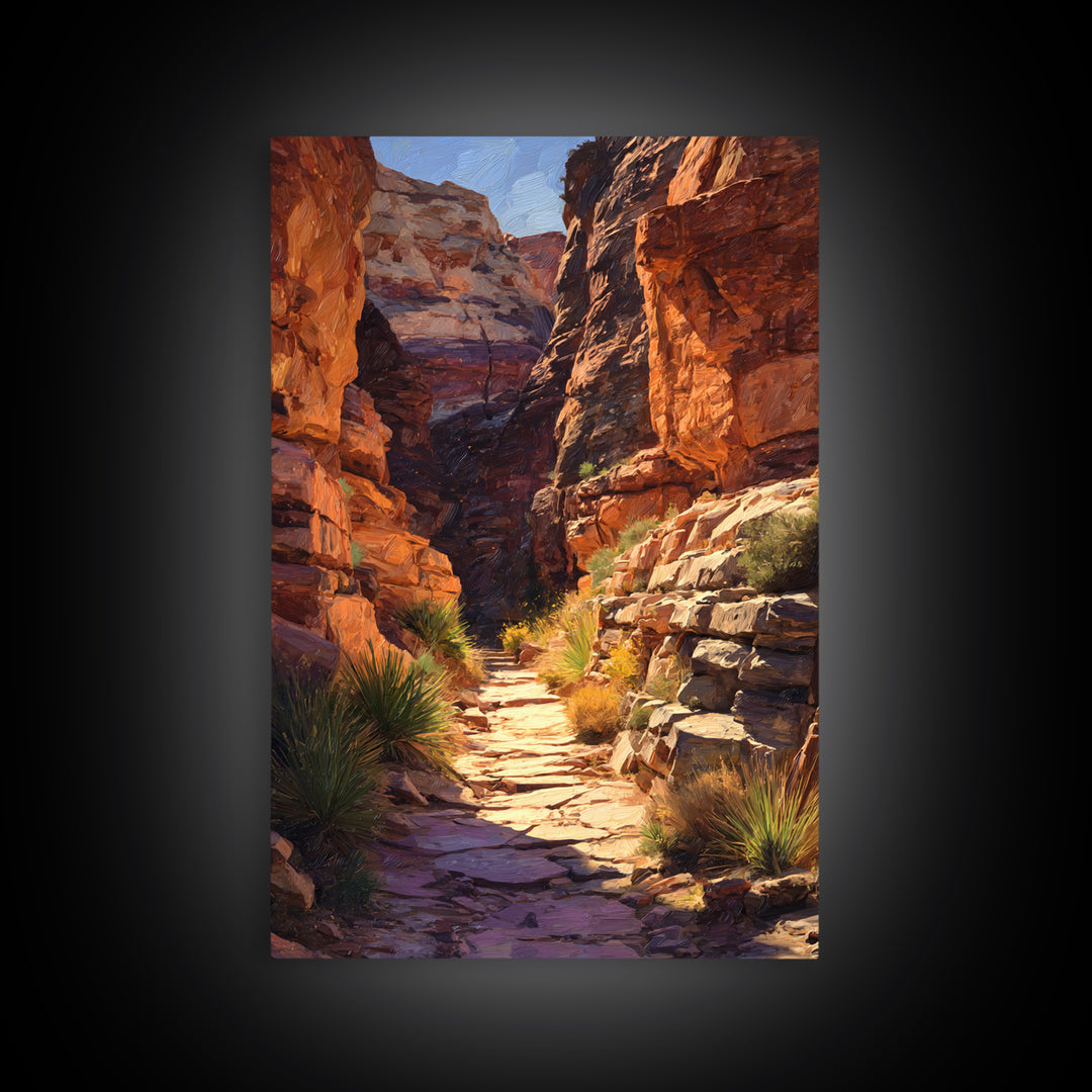 Rustic Canyon Pathway Desert Landscape Wall Art, Warm Earth Tones Framed Canvas Print For Modern Living Room Decor