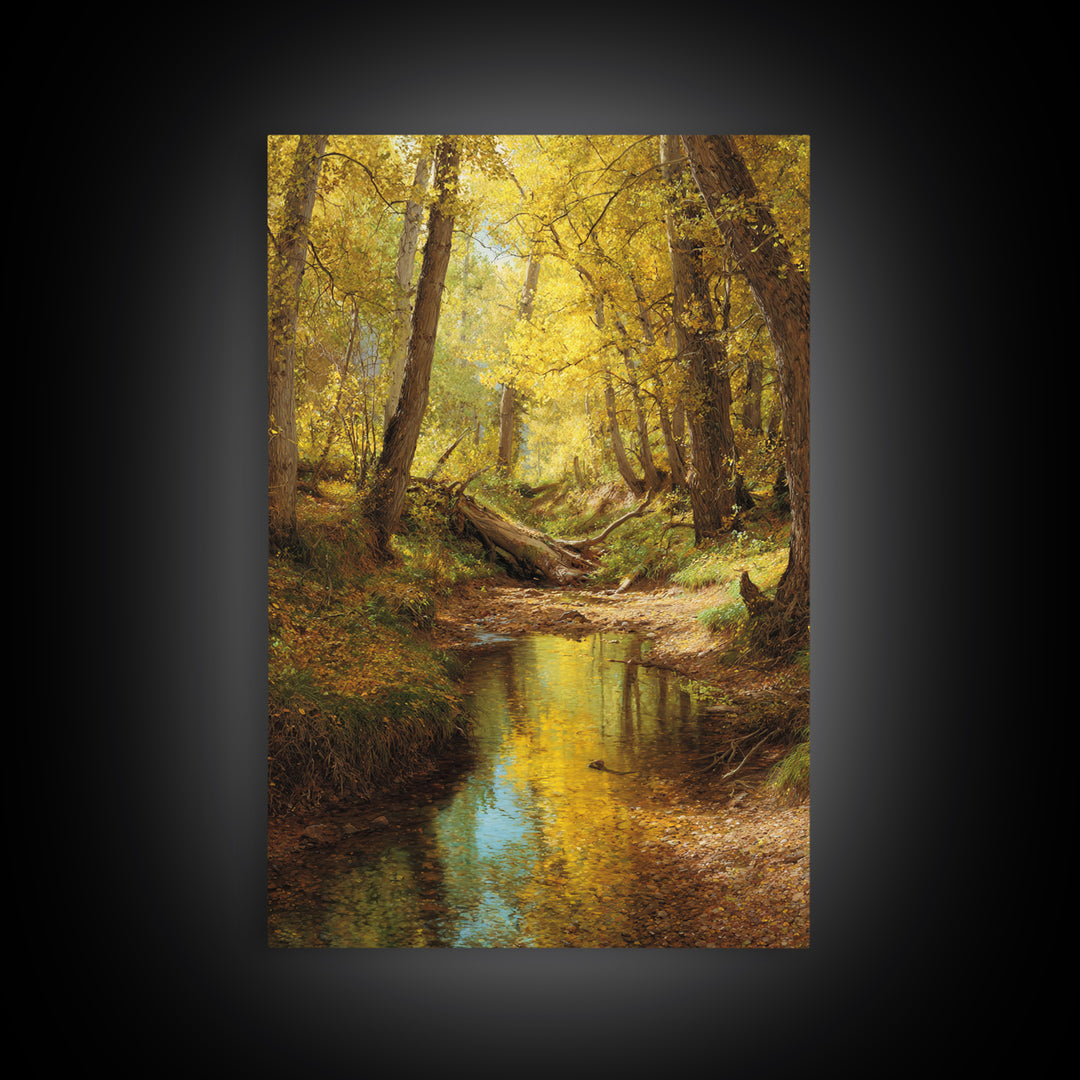 Serene Autumn Forest Landscape Oil Painting Canvas Print Featuring Golden Trees And Reflections For Wall Art