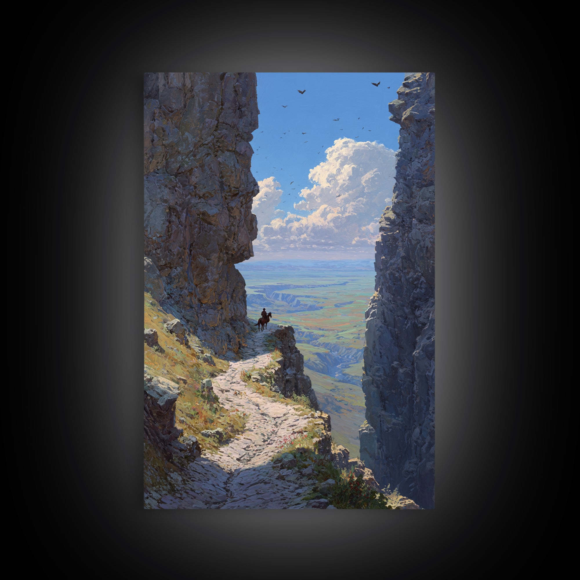 Western Cowboy On Horseback Amidst Majestic Rocky Canyon Landscape Large Wall Art Canvas Print