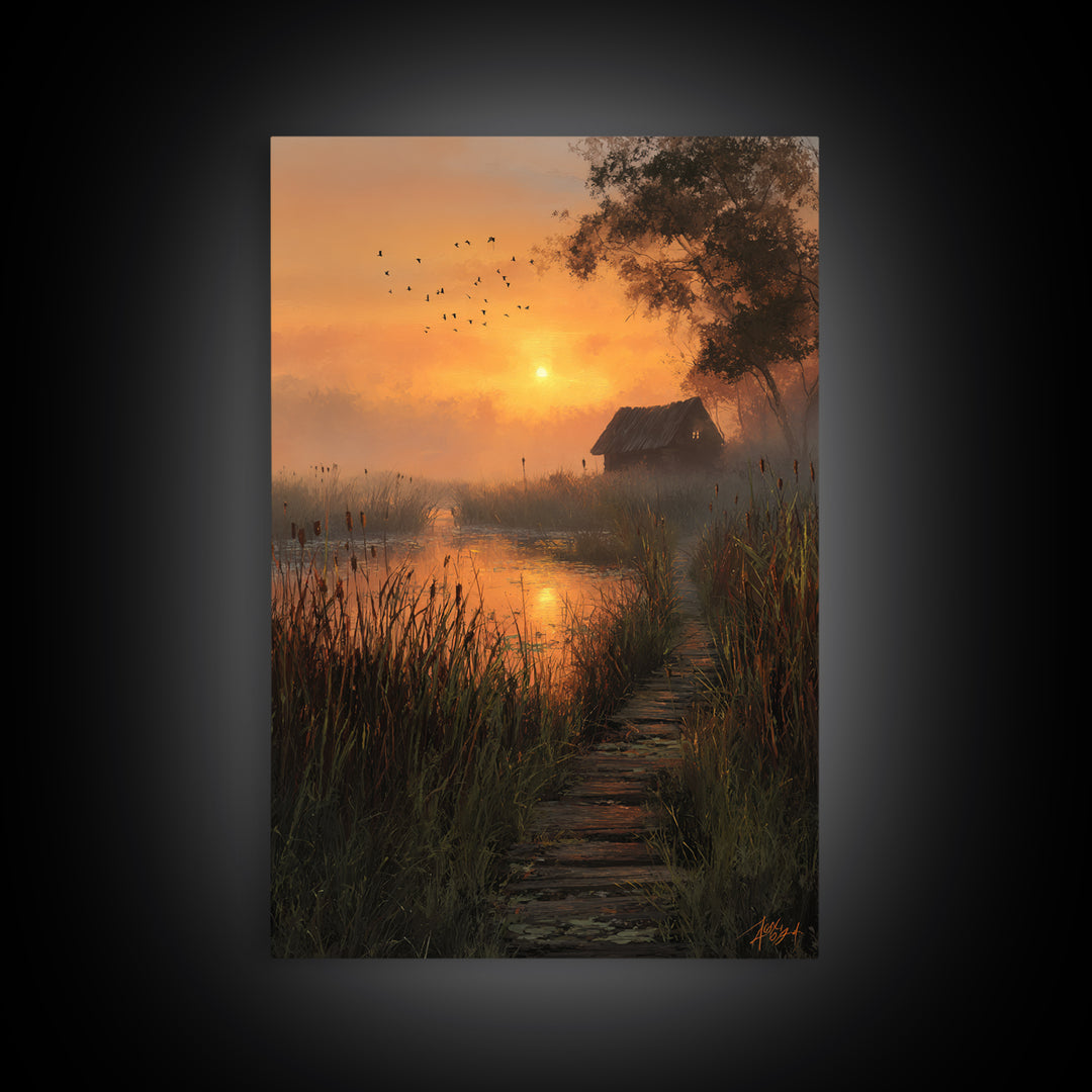 Peaceful Country Cabin At Sunlit Evening With Birds Flying Over Still Pond Serene Landscape Wall Art Print