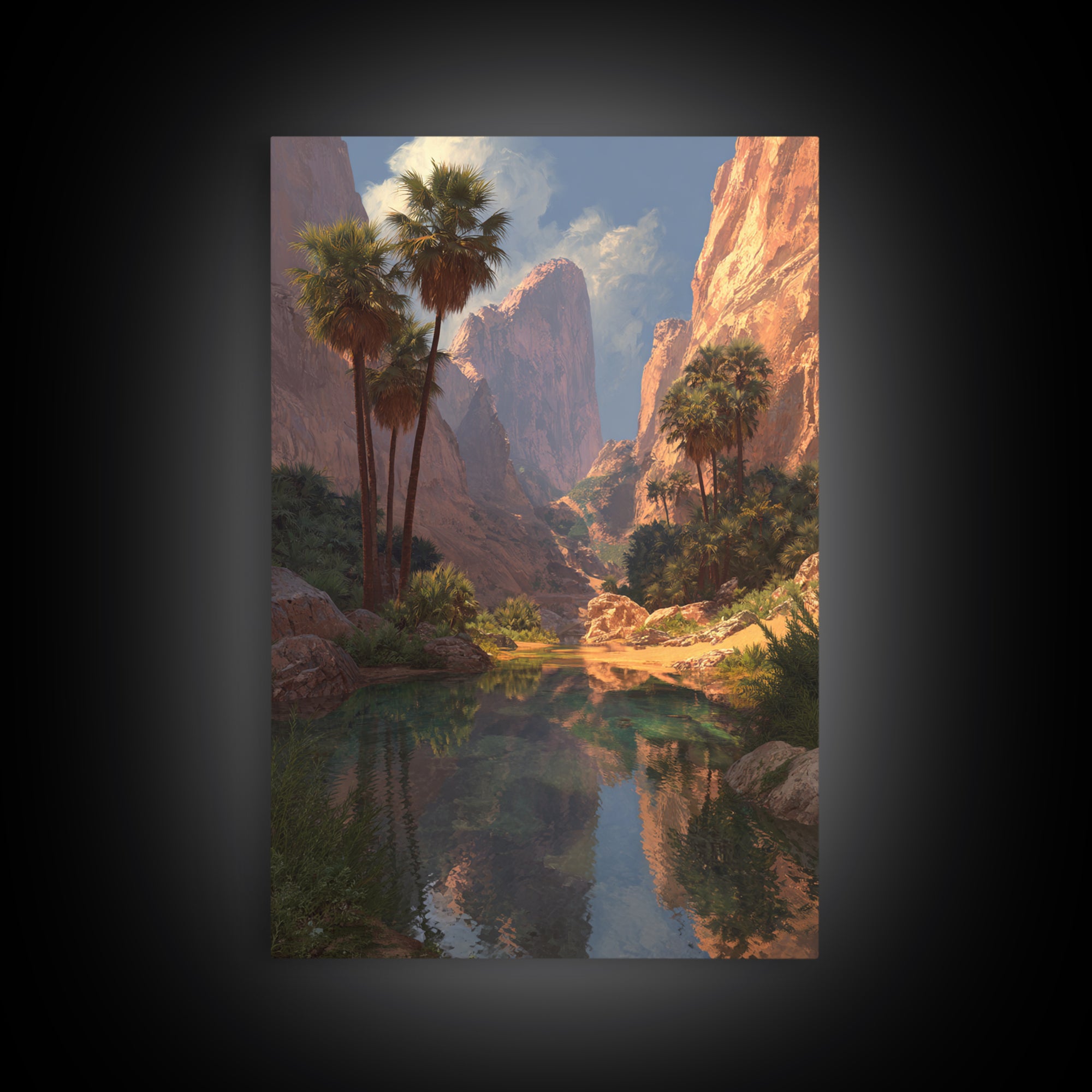 Stunning Desert Canyon Landscape Painting With Palm Trees Reflecting In Water Large Wall Art Canvas Print For Southwestern Home Decor