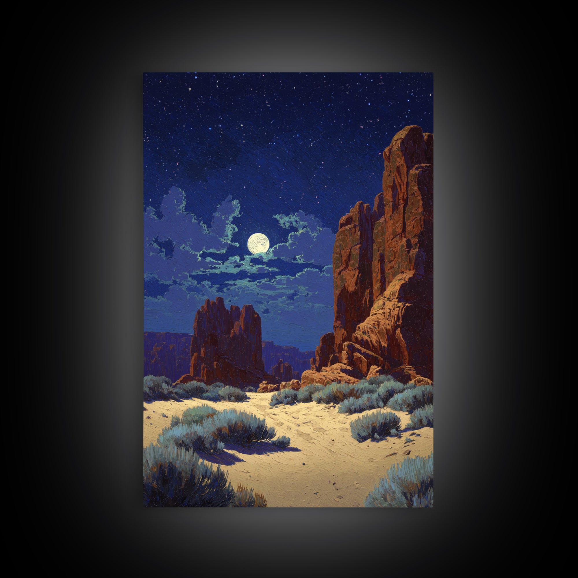 Starry Night Desert Landscape Wall Art With Moonlight Framed Canvas Print For Modern Rustic Home Decor And Cozy Living Room