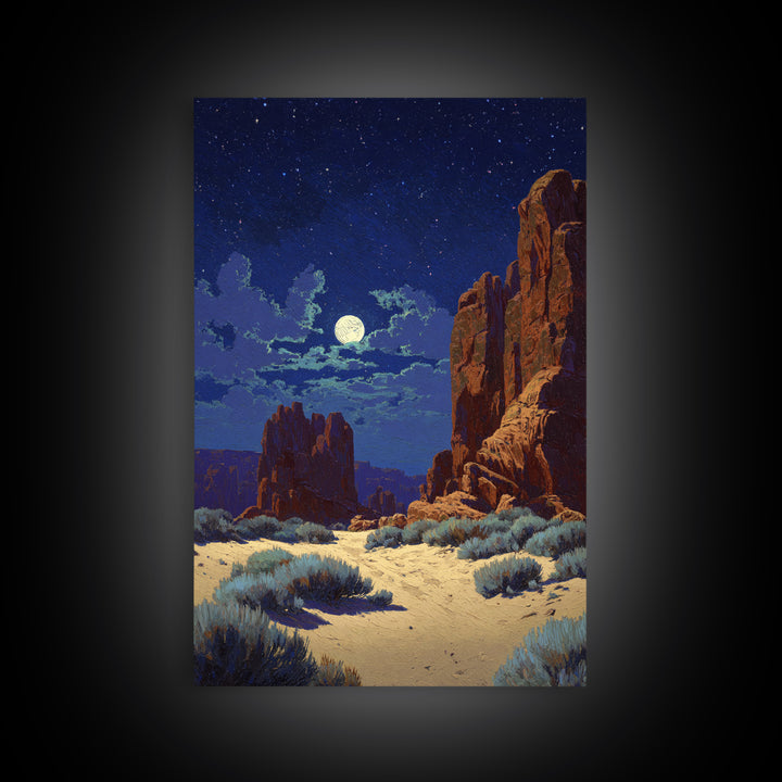 Starry Night Desert Landscape Wall Art With Moonlight Framed Canvas Print For Modern Rustic Home Decor And Cozy Living Room