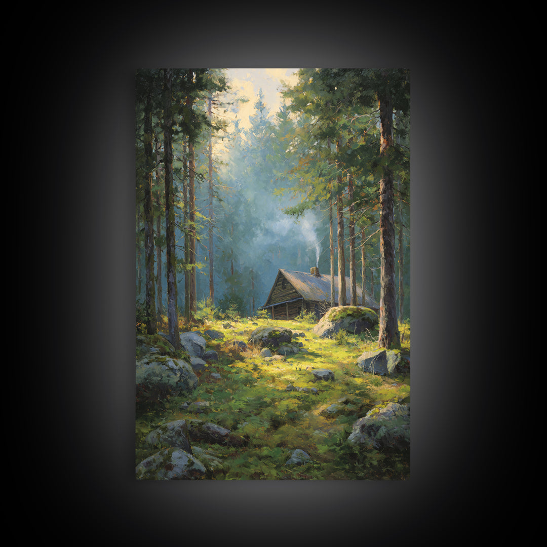 Sunset Campfire In Cozy Rustic Cabin Smoky Forest Original Oil Painting Wall Art Framed Canvas Print Warm Home Decor Nature Artwork