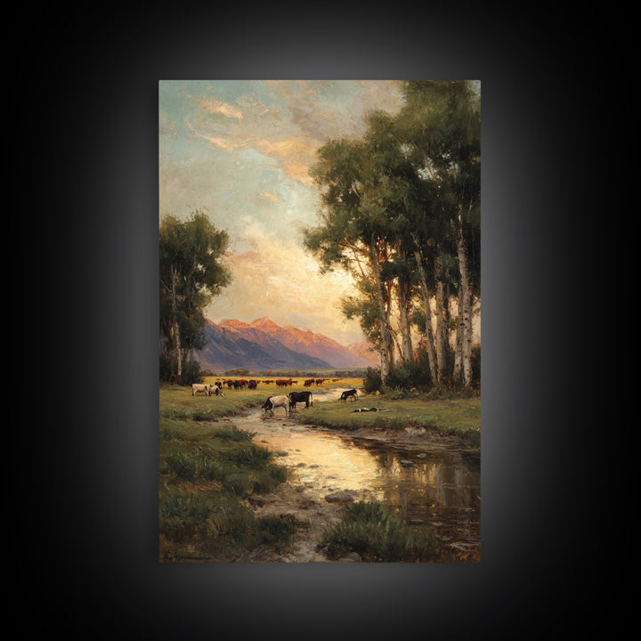 Serene Pastoral Landscape Oil Painting Artwork Featuring Cows Grazing Near Mountains Large Wall Art Canvas Print For Rustic Home Decor