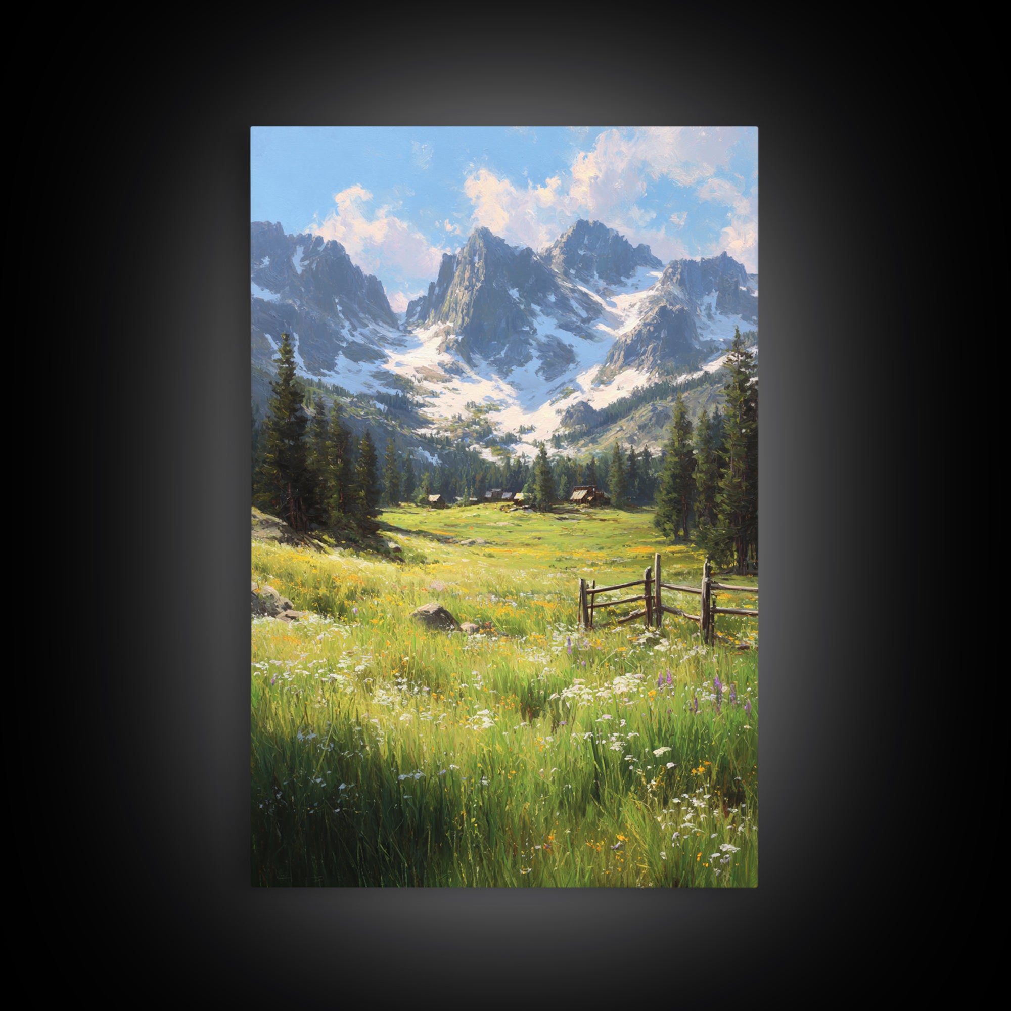 Rustic Mountain Landscape With Wildflower Meadow Original Oil Painting Large Wall Art Canvas Print