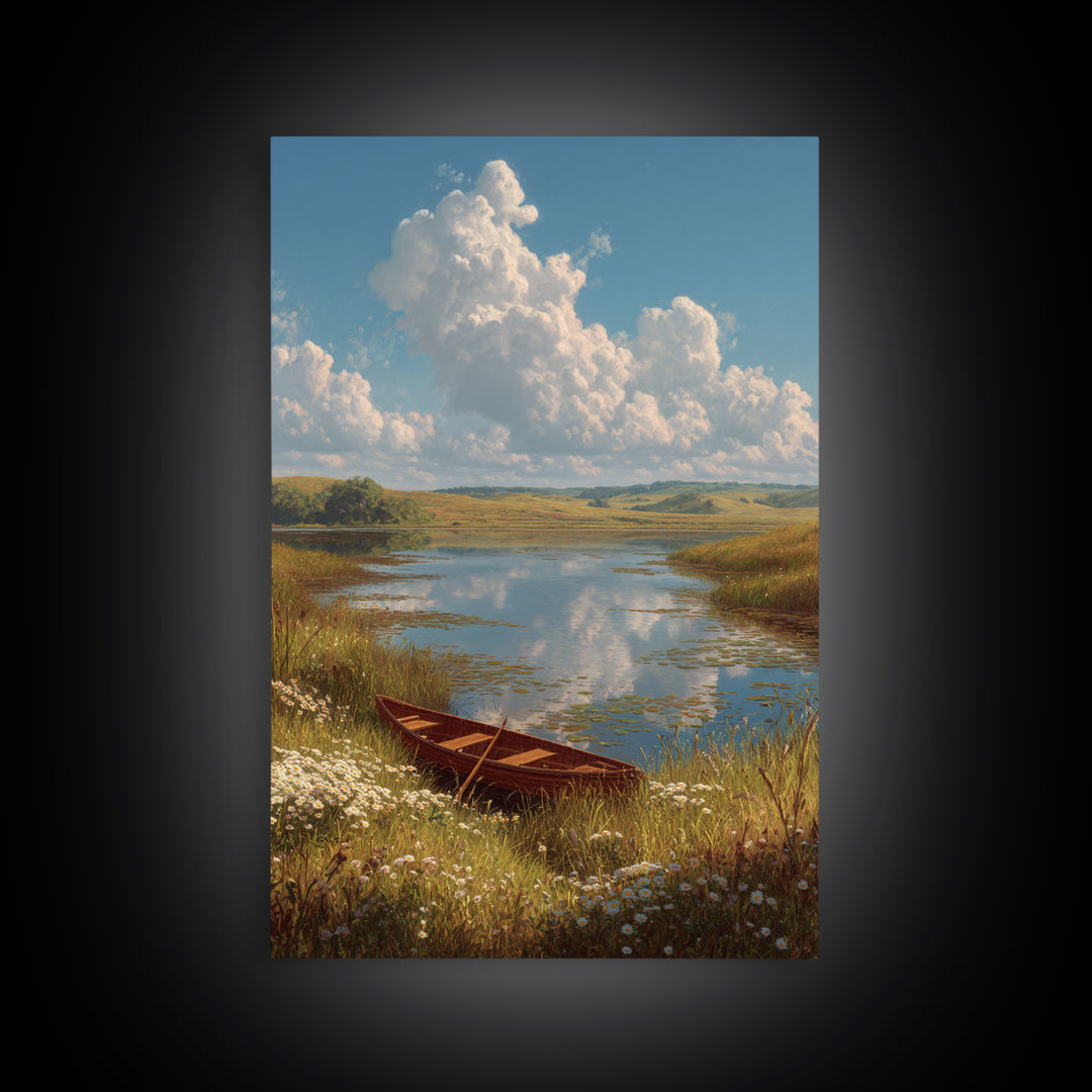 Quiet Lakeside Scene With Rowboat And Wildflowers Landscape Oil Painting Fine Art Print Wall Art