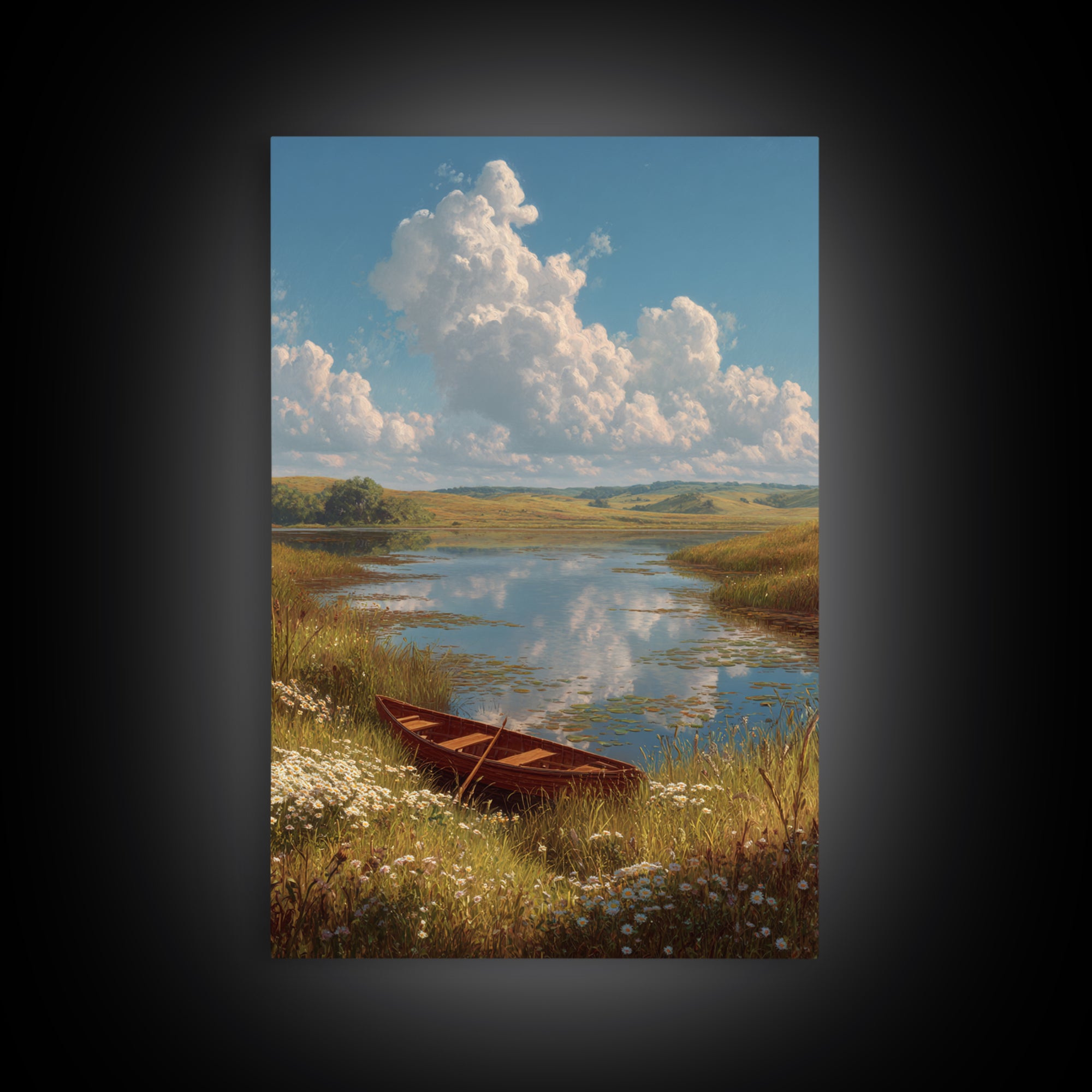 Quiet Lakeside Scene With Rowboat And Wildflowers Landscape Oil Painting Fine Art Print Wall Art