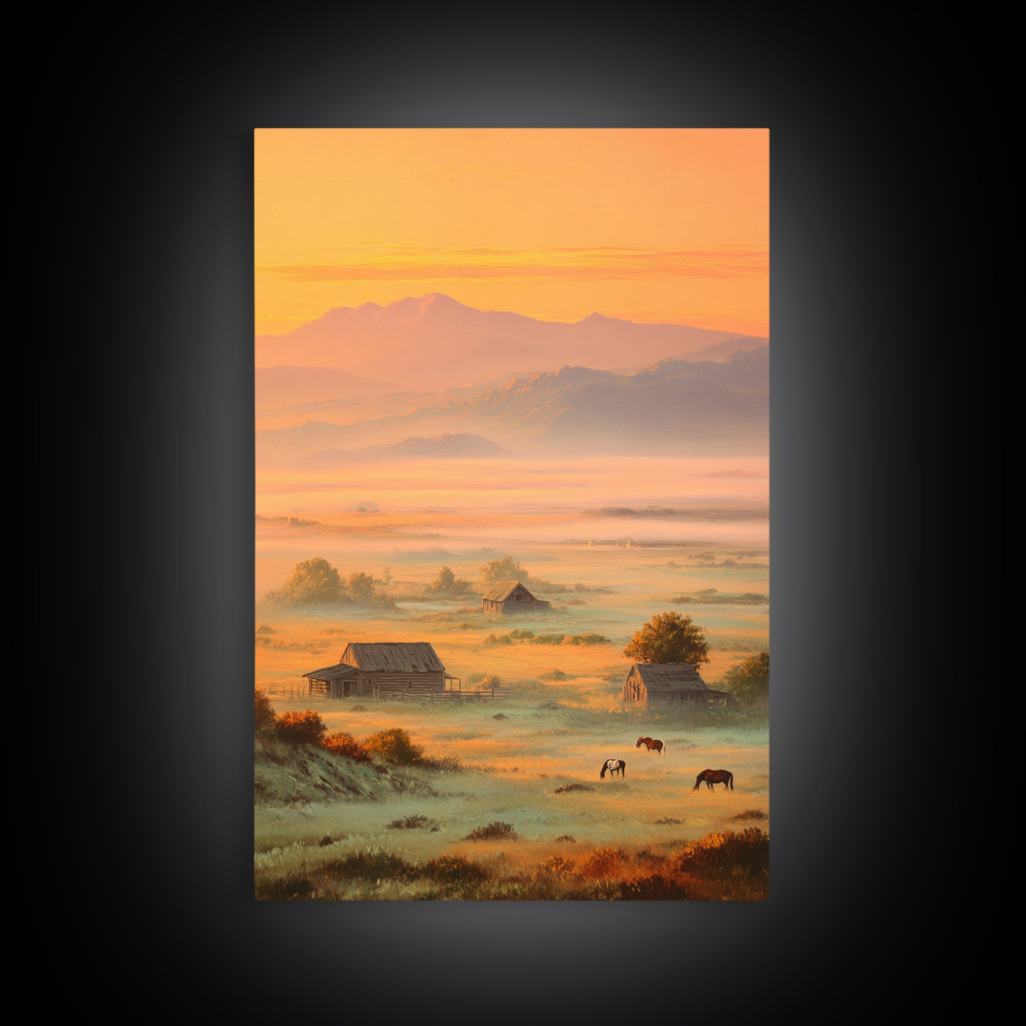 Golden Morning Mist Over Rustic Barns And Horses With Mountain Background Wall Art For Cozy Living Room Decor