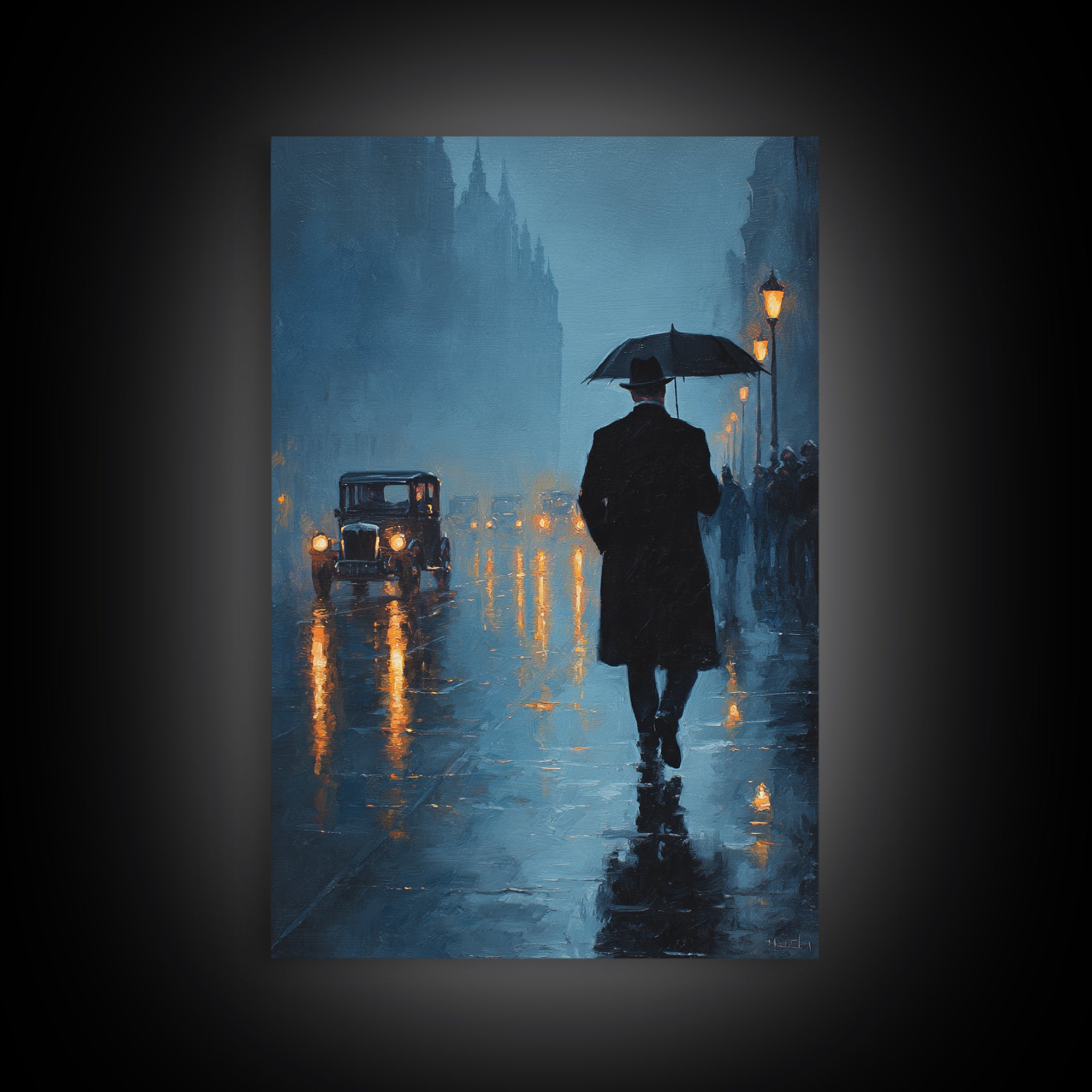 Rainy London Street With Umbrella Wall Art, Moody Blue Cityscape Oil Painting Print For Living Room Office Decor And Dark Academia