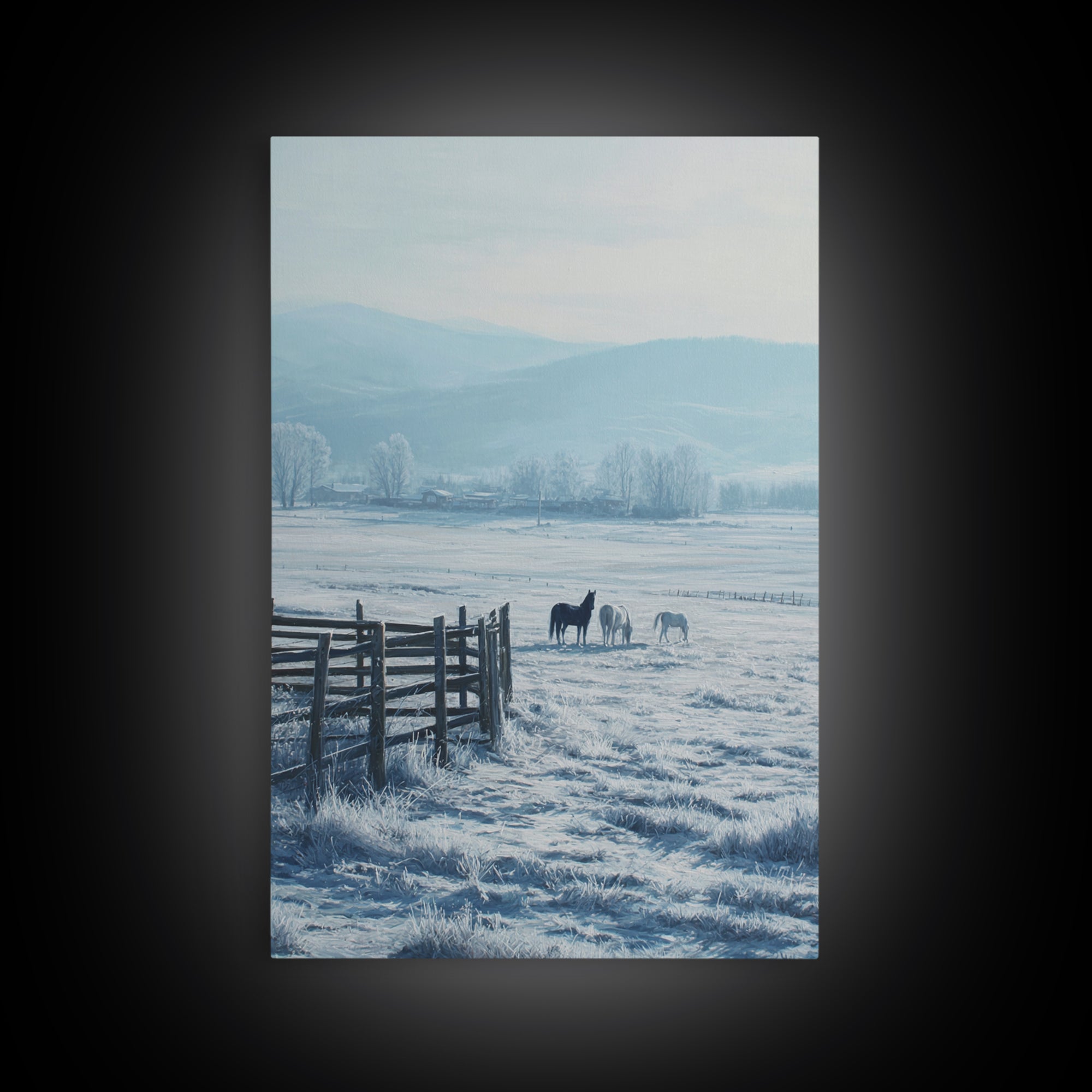 Winter Landscape Painting With Horses In Snowy Field Featuring Wooden Fence Pastel Tones Canvas Print For Rustic Home Decor