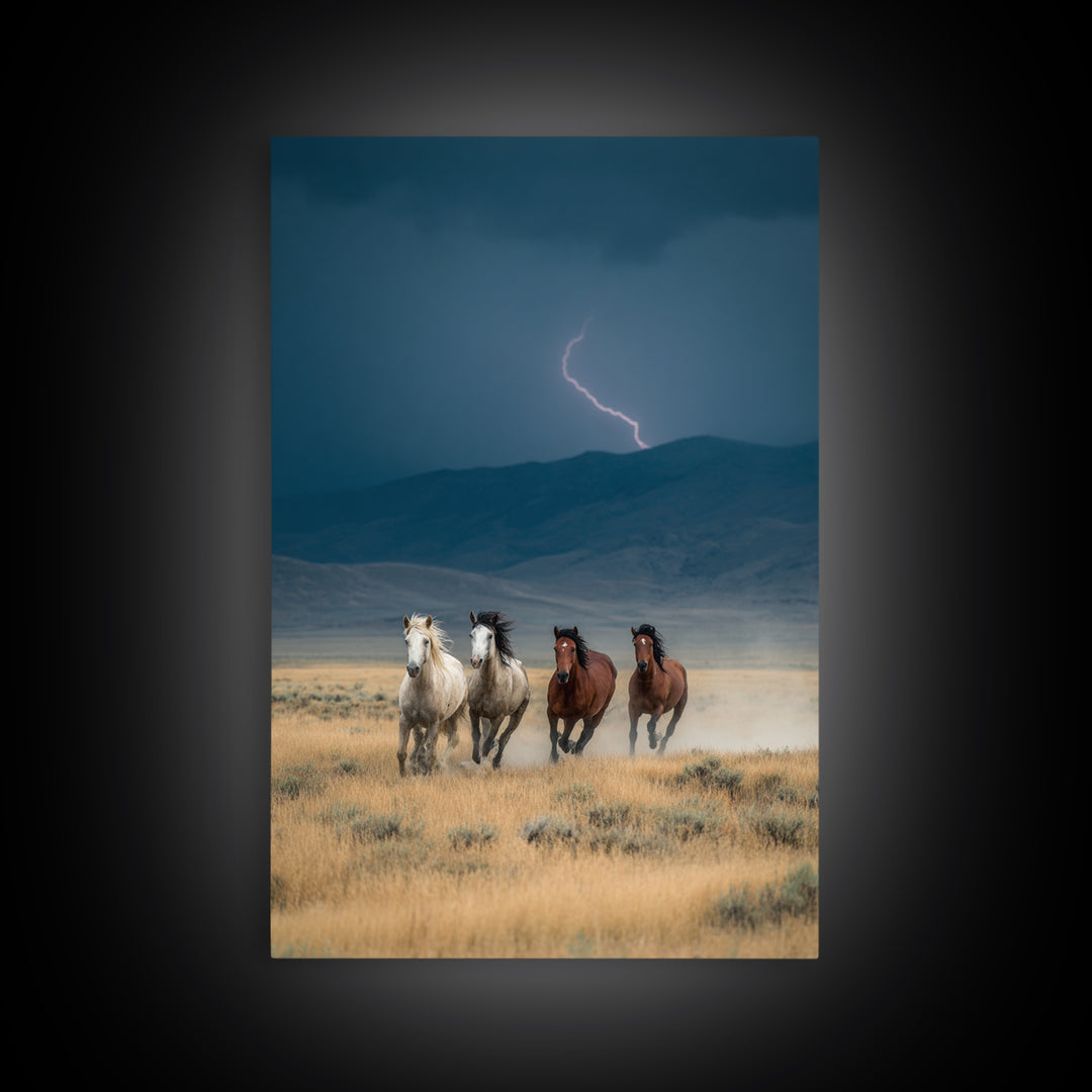 Wild Horses Running Amid Stormy Landscape Canvas Print, Dramatic Animal Wall Art, Rustic Western Home Decor