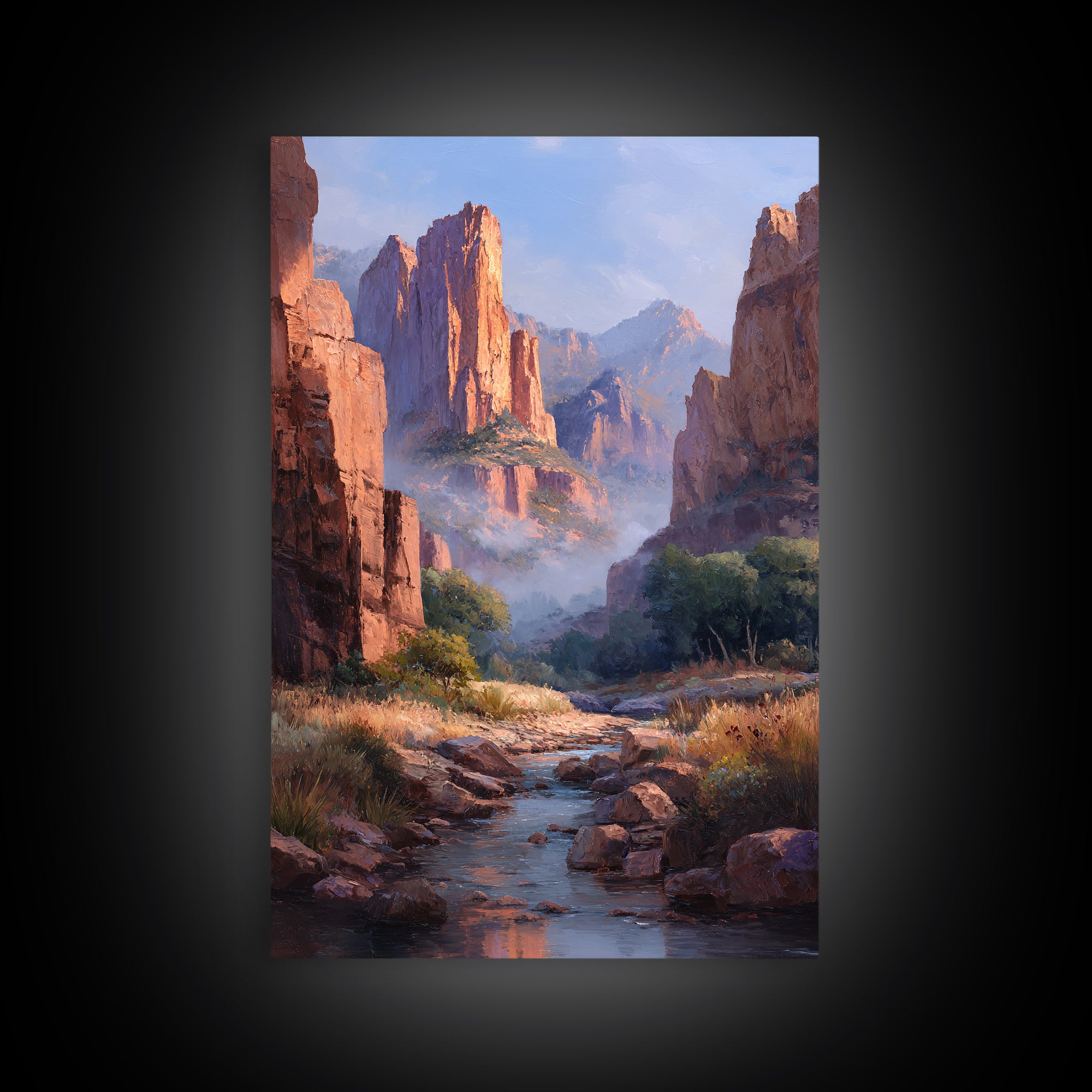 Classic Landscape Oil Painting Canyon River Wall Art Framed Canvas Print For Rustic Home Decor And Gifts