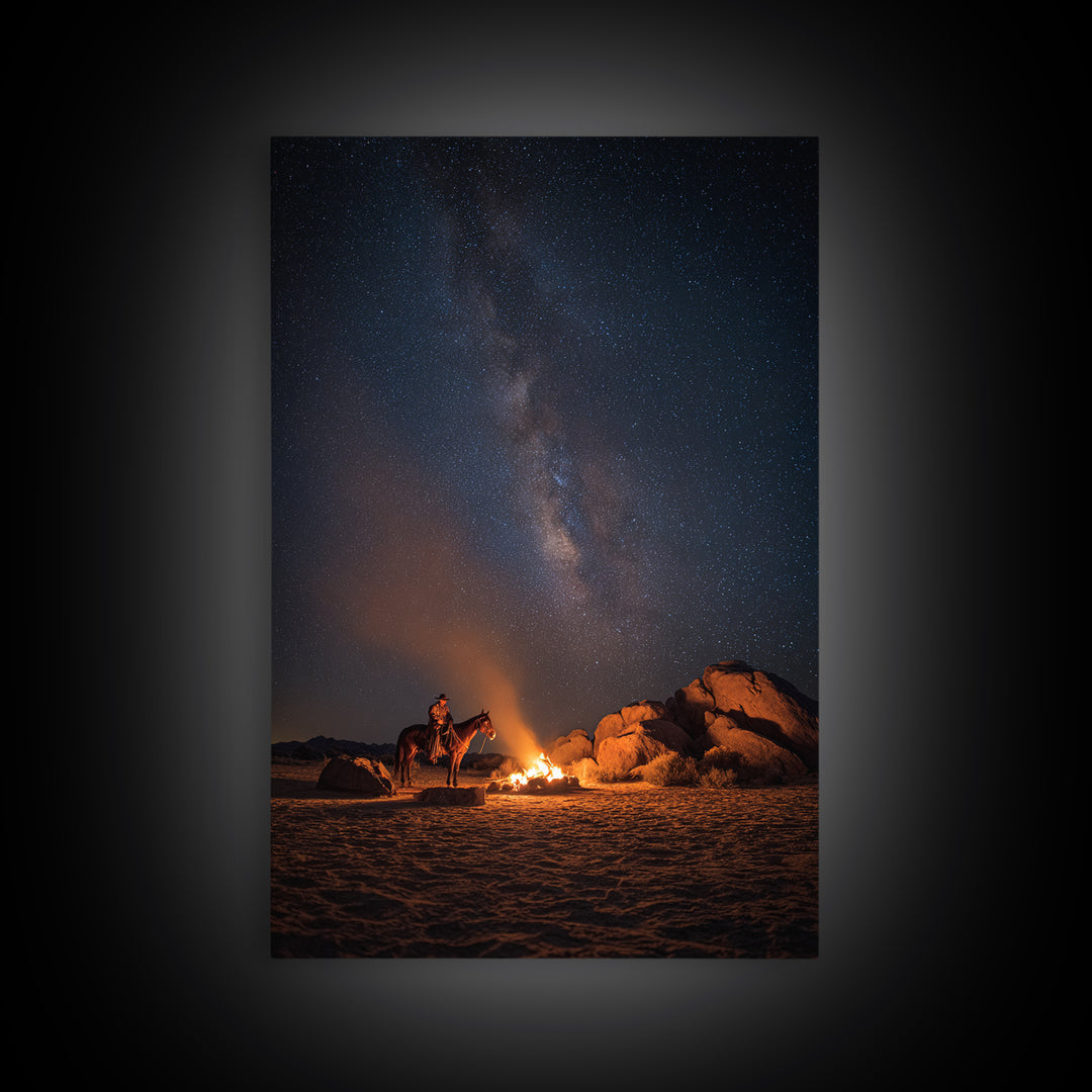 Wild West Cowboy By Campfire Under Starry Night Sky Large Wall Art Canvas Print For Rustic Western Home Or Man Cave Decor