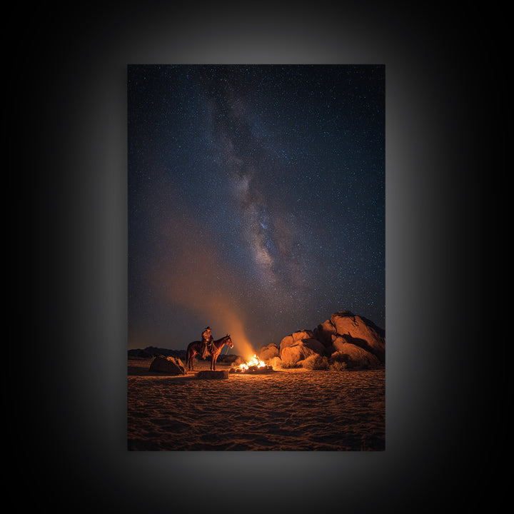 Wild West Cowboy By Campfire Under Starry Night Sky Large Wall Art Canvas Print For Rustic Western Home Or Man Cave Decor