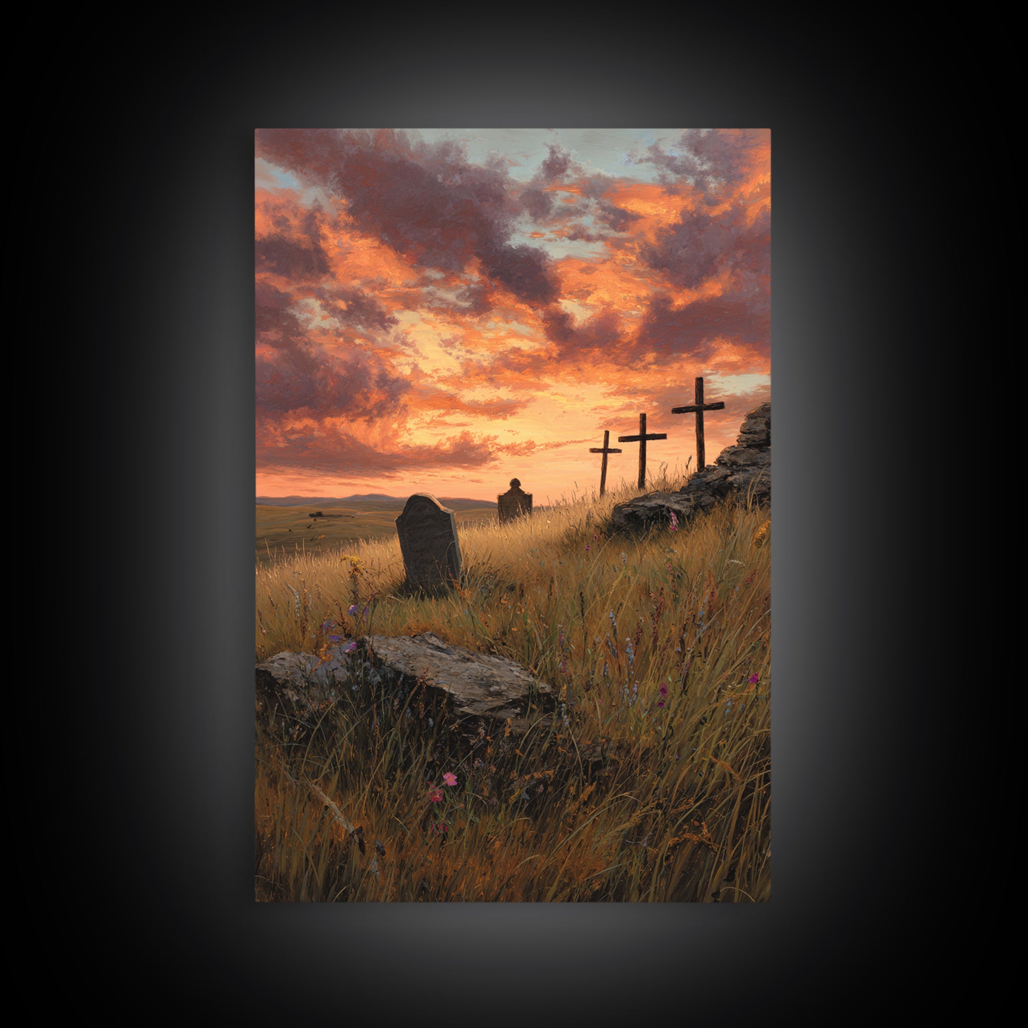 Sunset Cemetery Scene Oil Painting With Striking Sky And Crosses Wall Art Framed Canvas Print For Living Room Decor