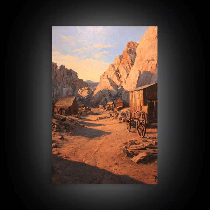 Rustic Western Homestead Scene Wall Art Depicting Mountain Landscape With Old Wagon Large Wall Art Framed Canvas Print