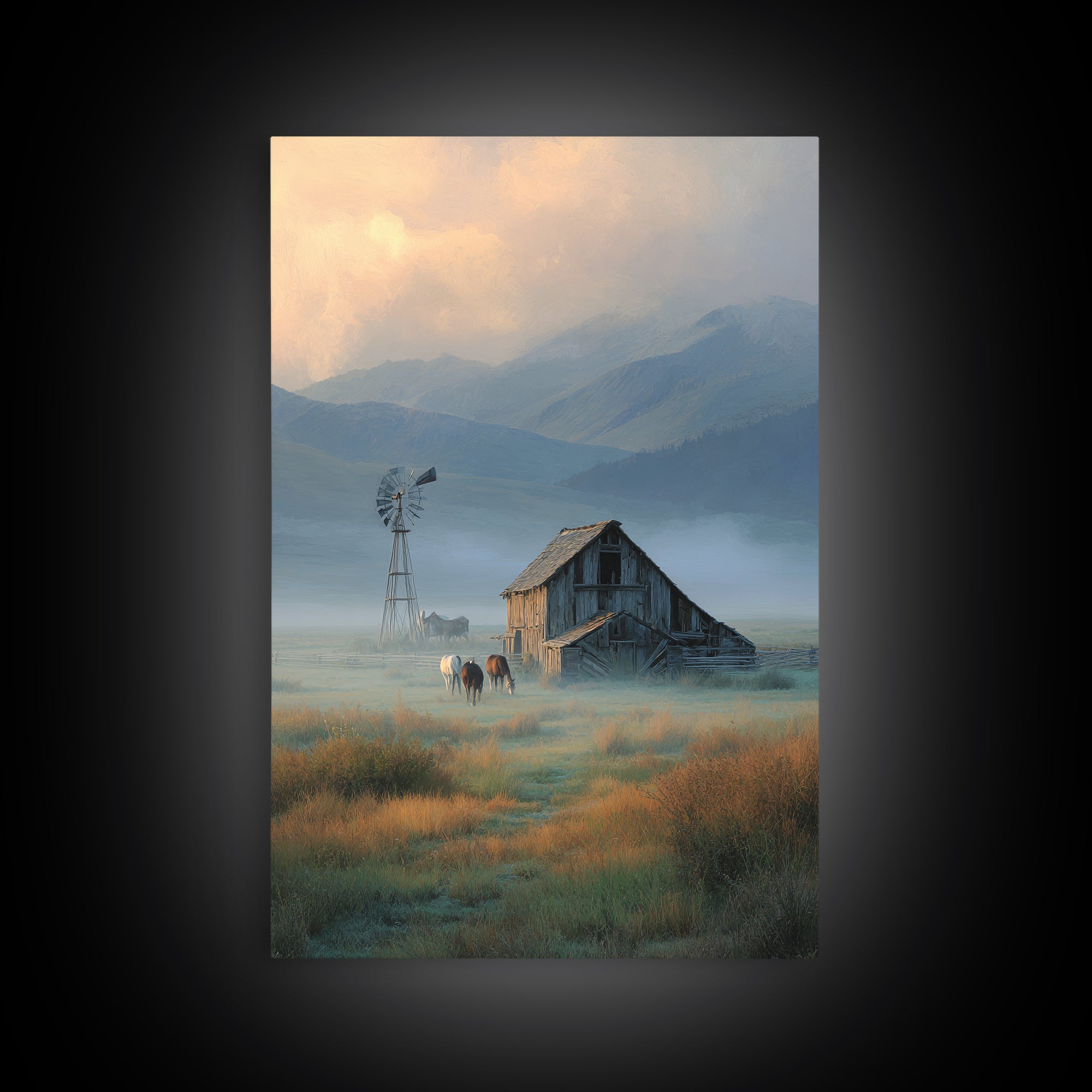 Rustic Countryside Landscape With Windmill And Horses Wall Art Canvas Print For Farmhouse Decor And Cozy Home Decoration