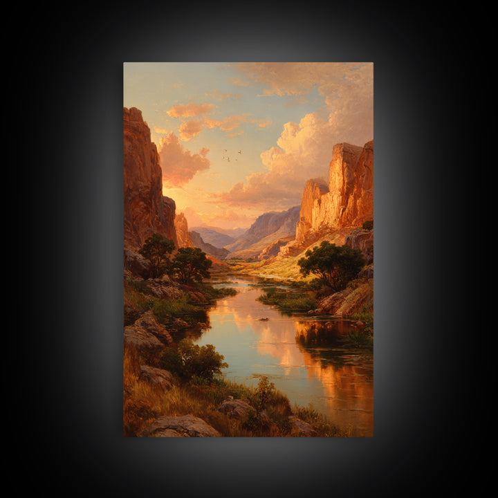 Sunset Over Majestic Canyon Landscape River Reflection Wall Art Framed Canvas Print For Rustic Home Decor