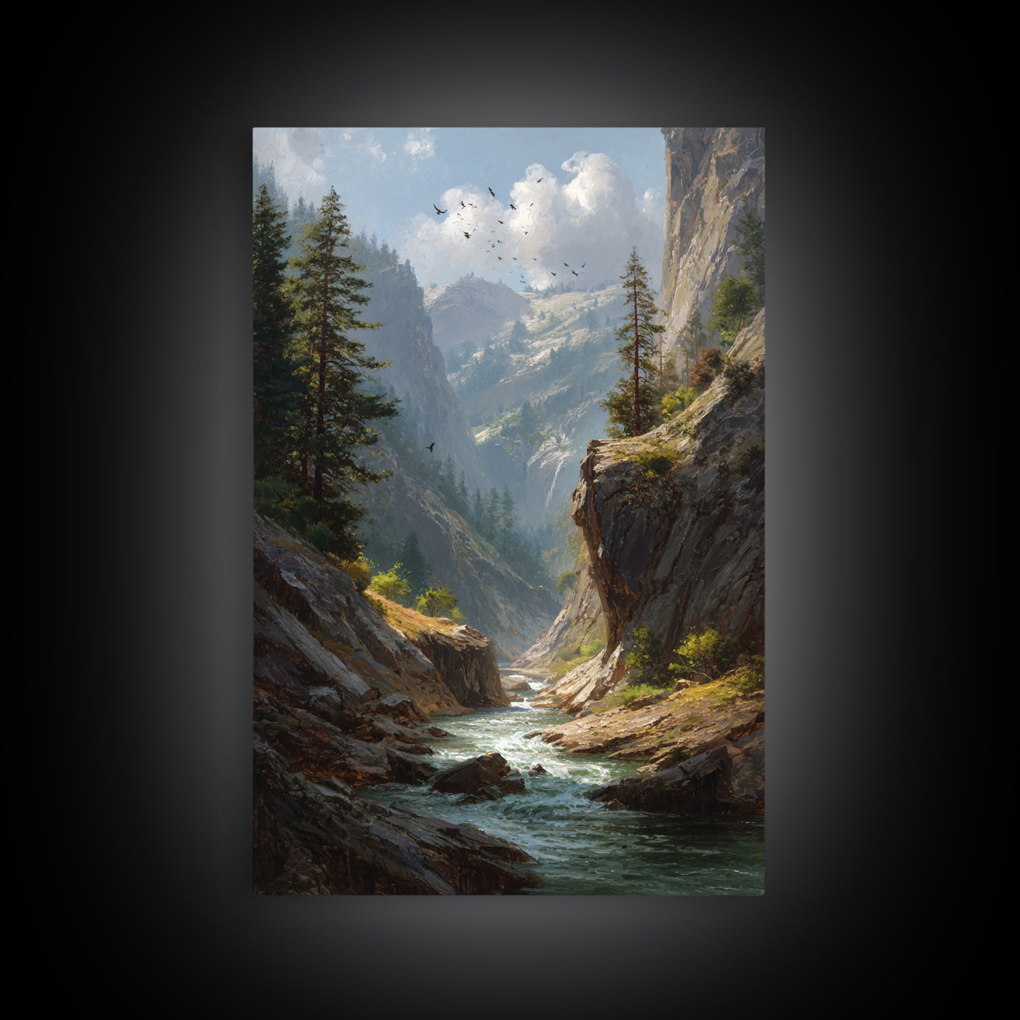 Majestic Mountain Canyon Landscape With Stream And Birds Original Oil Painting Canvas Print For Living Room Decor