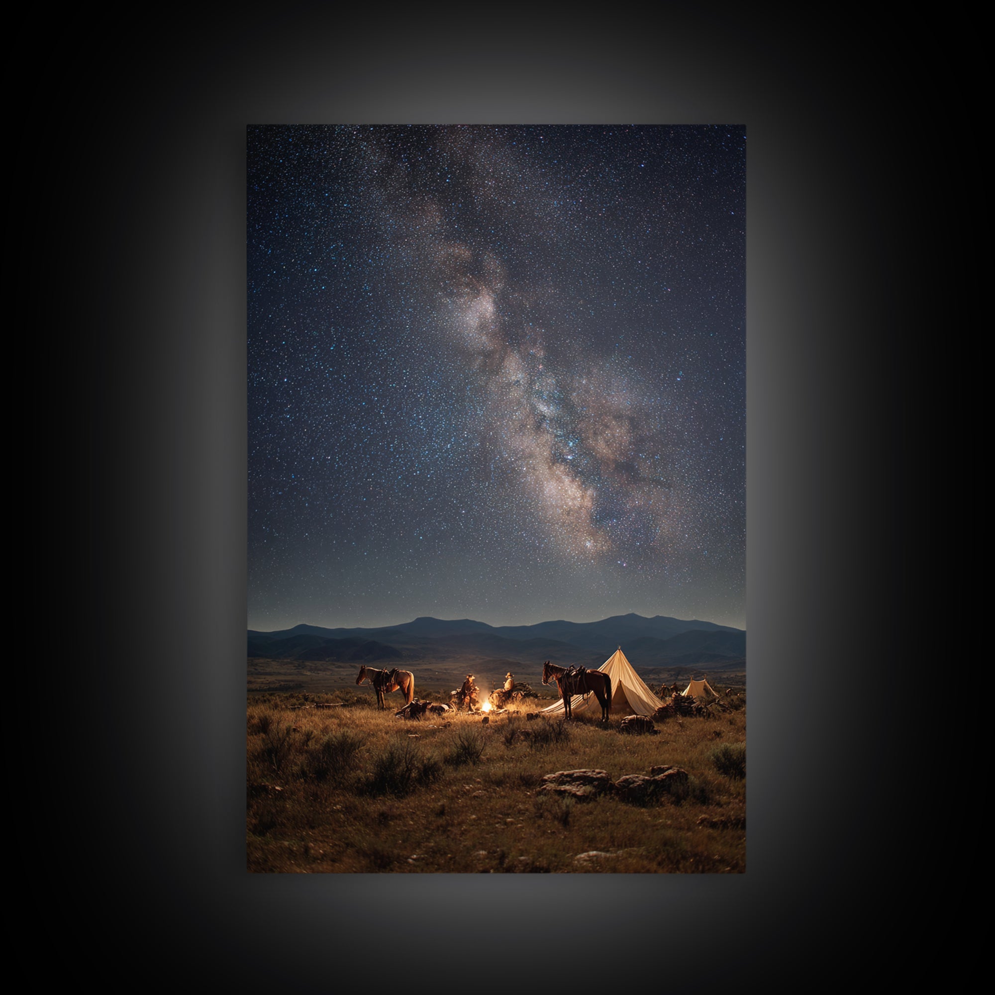 Cowboys Campfire Under Star Filled Night Sky Photography Canvas Print For Rustic Wall Art And Western Home Decor Framed