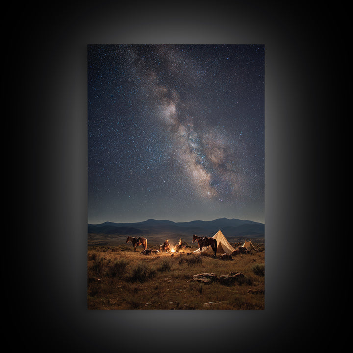 Cowboys Campfire Under Star Filled Night Sky Photography Canvas Print For Rustic Wall Art And Western Home Decor Framed