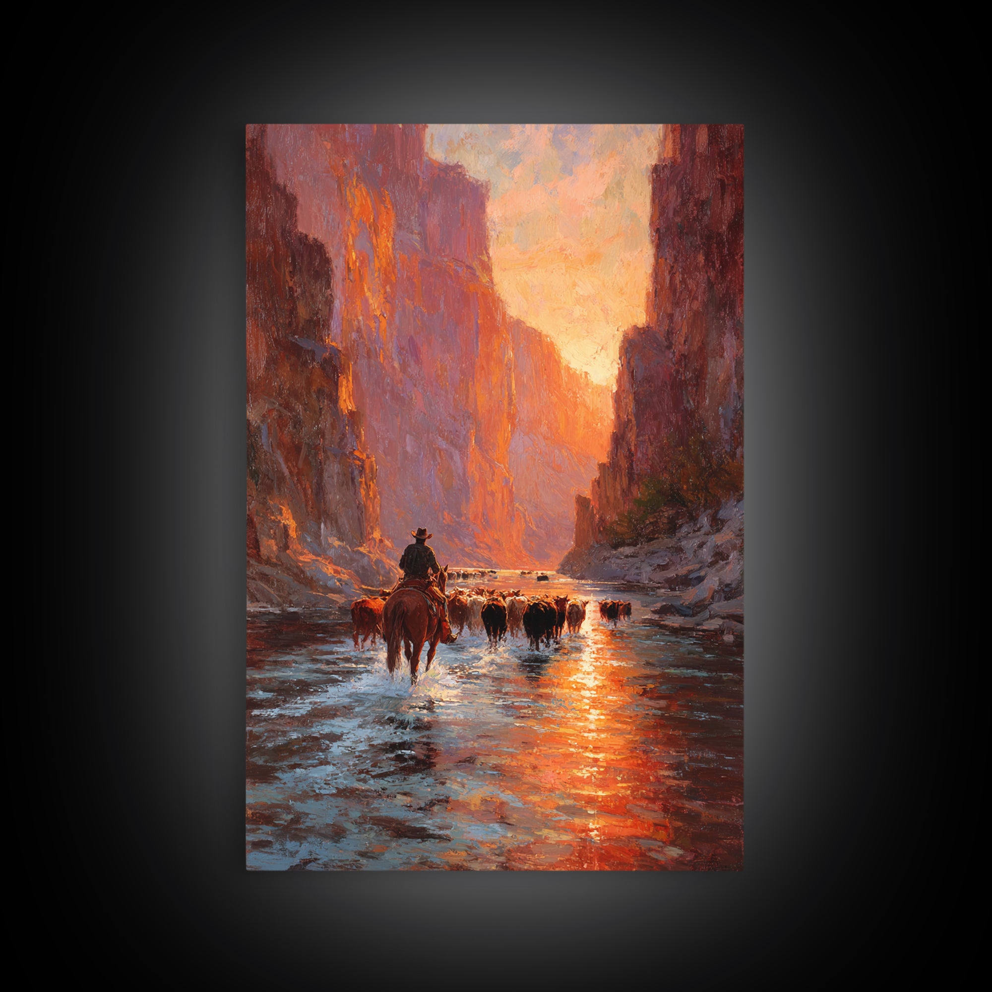 Cowboy Herding Cattle Through Sunlit Canyon Scene Classic Western Oil Painting Framed Canvas Print For Rustic Wall Art Farmhouse Décor