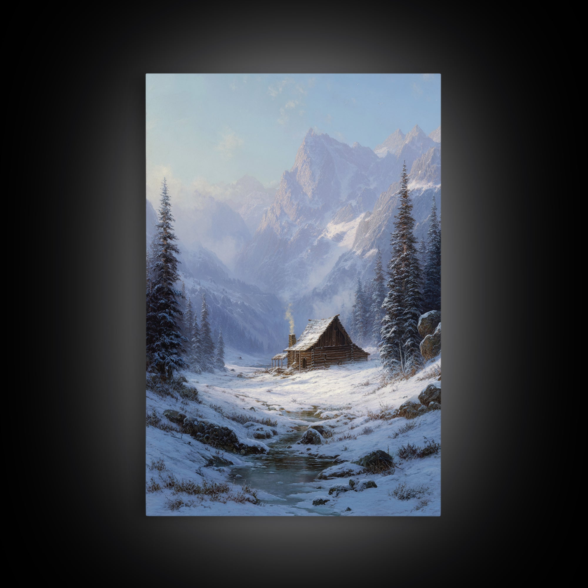 Winter Mountain Cabin Oil Painting Framed Canvas Print Rustic Snow Landscape Wall Art For Cozy Home Decor