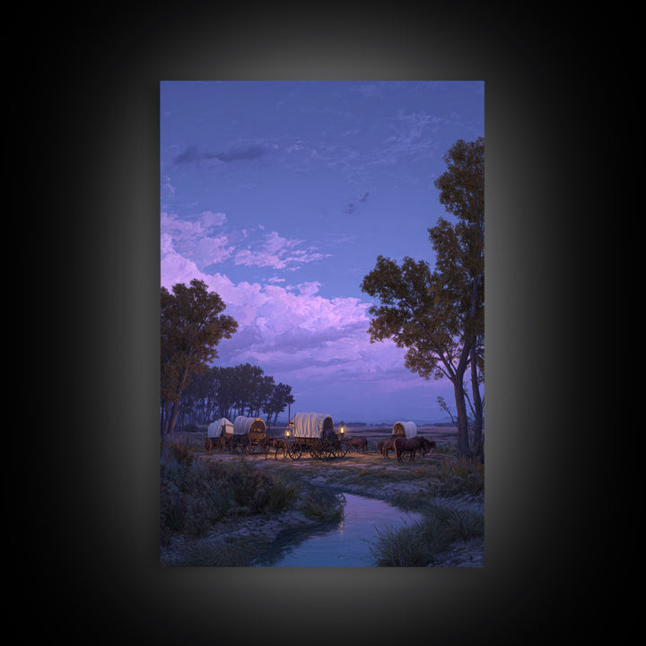 Peaceful Wagons At Twilight Sunset Landscape Large Wall Art Framed Canvas Print For Rustic Home Decor