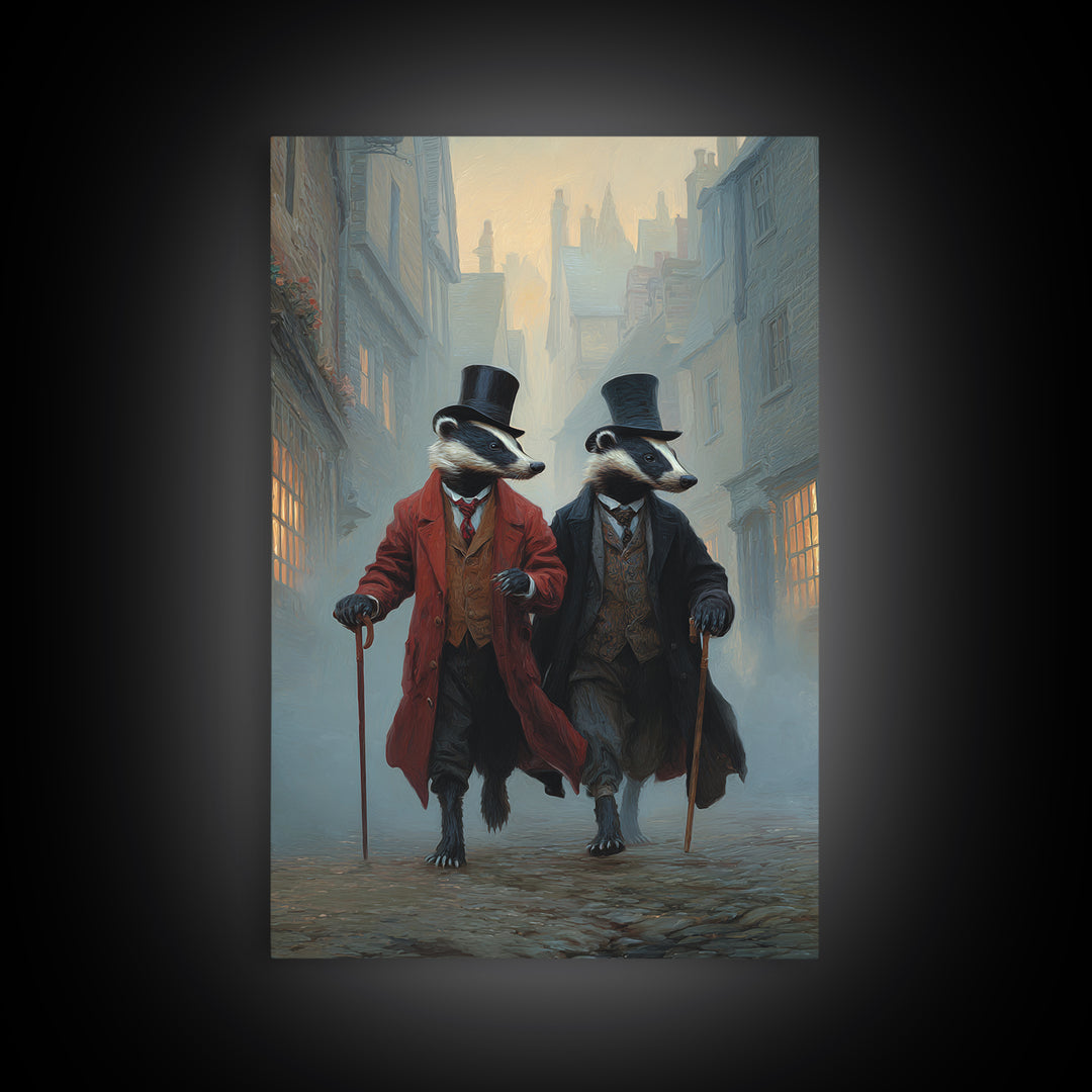 Dapper Badger Gentlemen Walking In Foggy City Canvas Print, Whimsical Animal Wall Art For Nursery Room And Eclectic Decor
