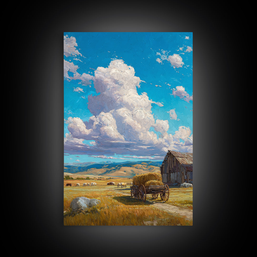 Rustic Country Farm Scene With Barn Cart And Livestock Large Wall Art Framed Canvas Print For Farmhouse Home Decor And Living Room