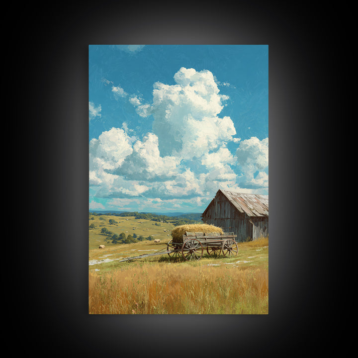 Bright Sunlit Barn And Field Landscape Painting Wall Art Canvas Print For Cozy Farmhouse Rustic Decor