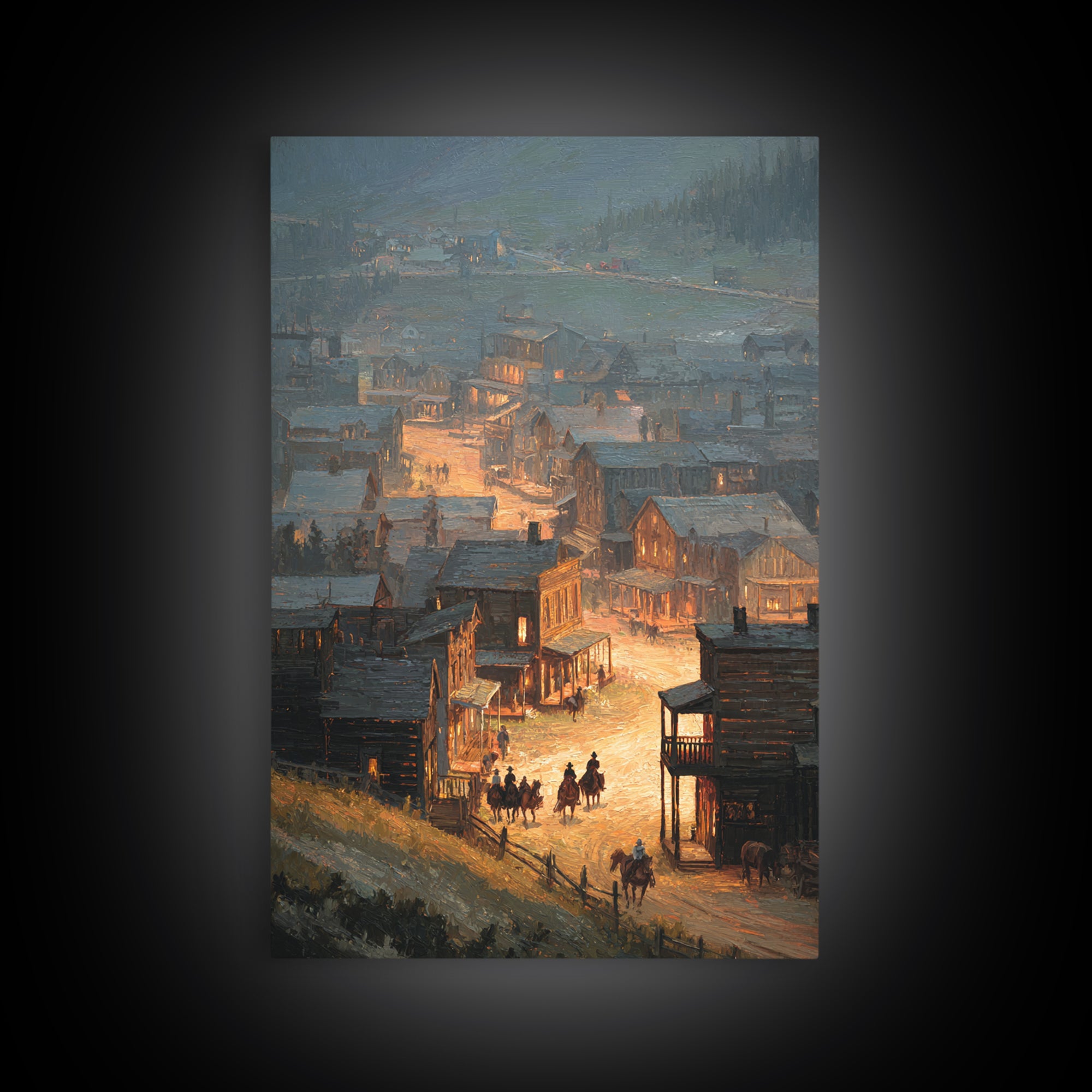 Old Western Town At Dusk Oil Painting Framed Canvas Print Large Wall Art For Rustic Home Decor And Living Room Wall Art