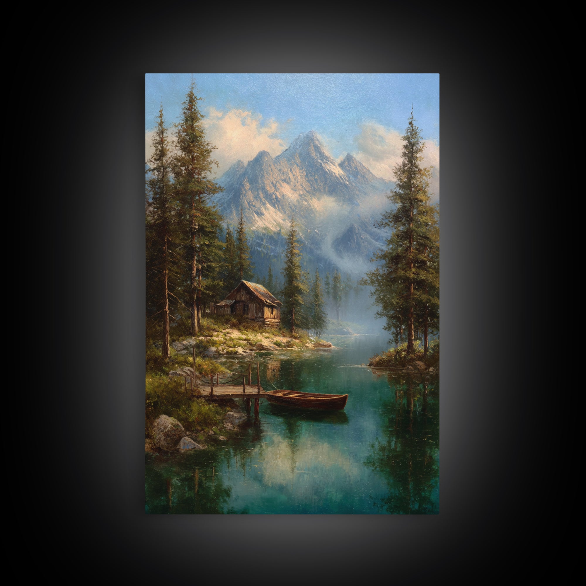 Tranquil Mountain Lake Cabin Scene Oil Painting Landscape Wall Art Canvas Print Rustic Home Decor Nature Lover Gift