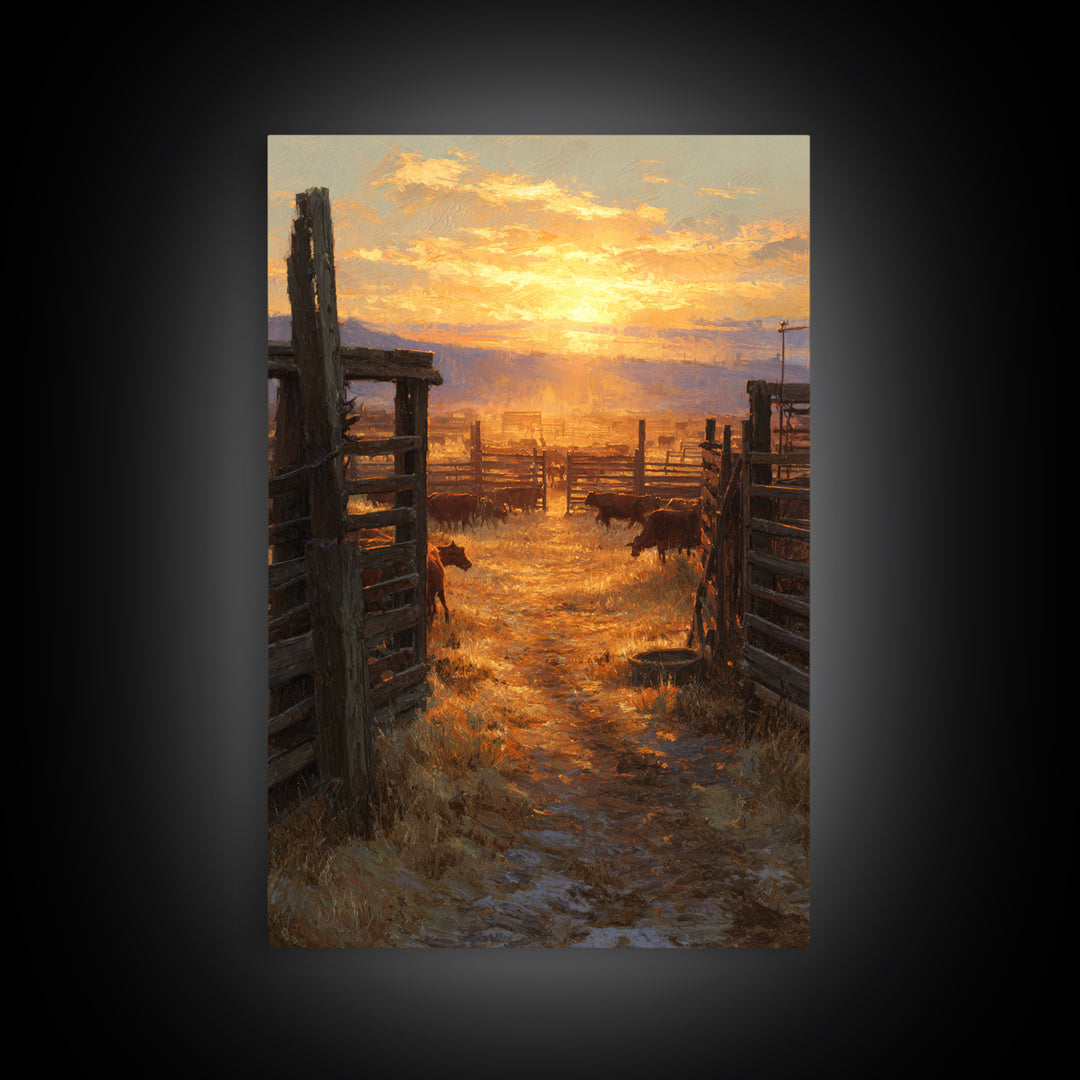 Sunset Over Rustic Cattle Farm Landscape Wall Art Framed Canvas Print For Western Home Decor And Cozy Living Room