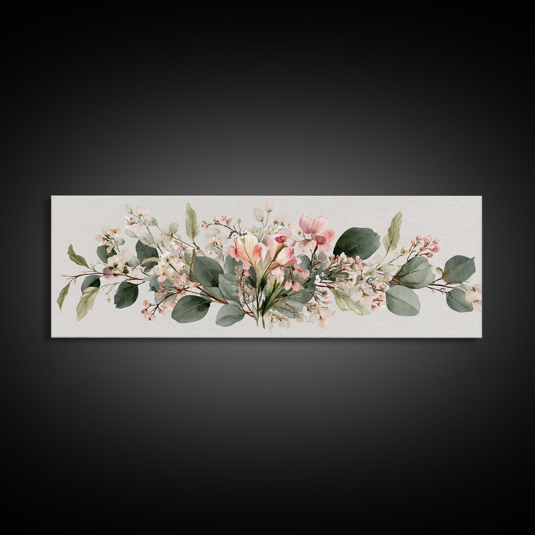 Soft Eucalyptus And Blush Magnolia Garland Wall Art, Panoramic Botanical Print, Neutral Floral Decor, Above Bed Canvas Print