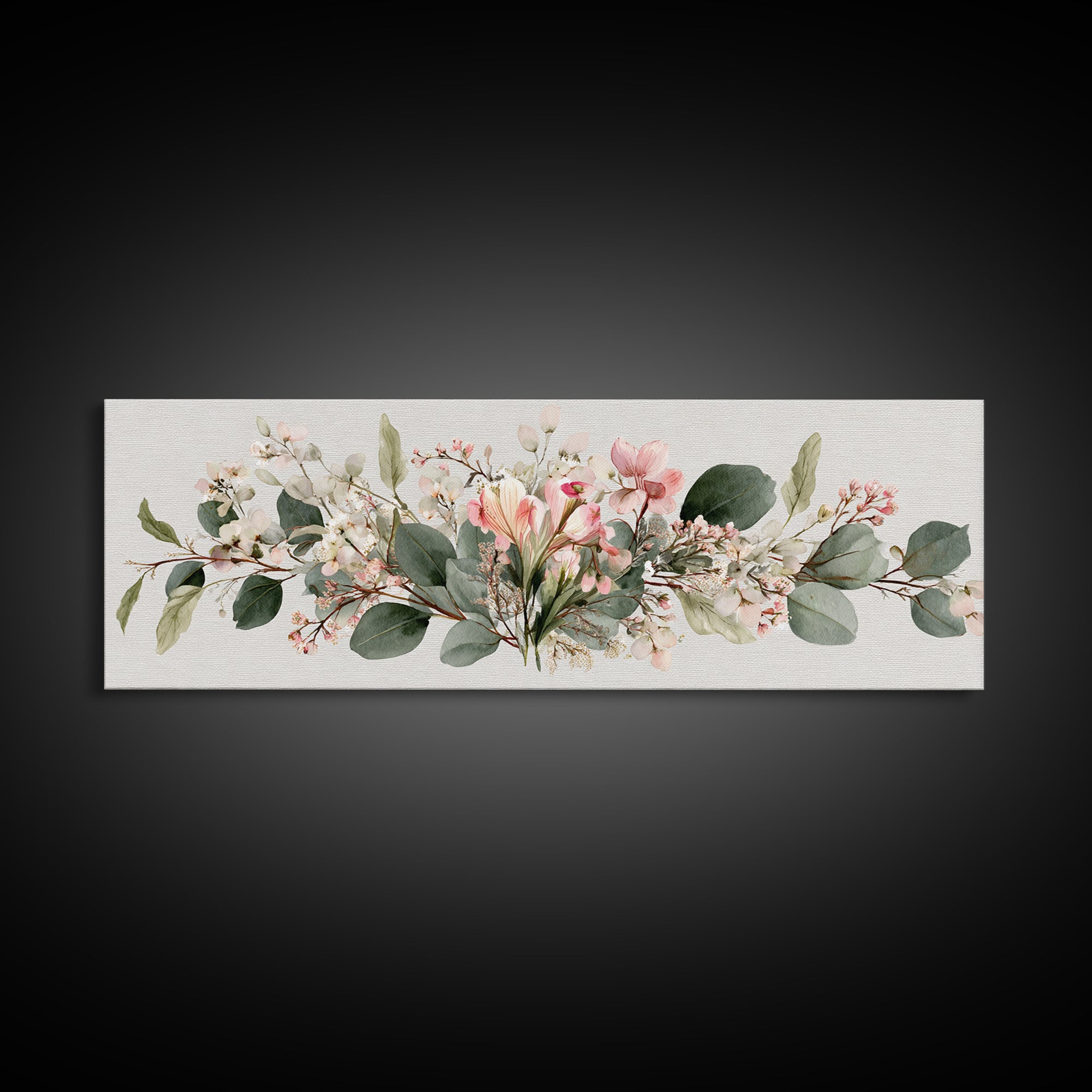 Soft Eucalyptus And Blush Magnolia Garland Wall Art, Panoramic Botanical Print, Neutral Floral Decor, Above Bed Canvas Print