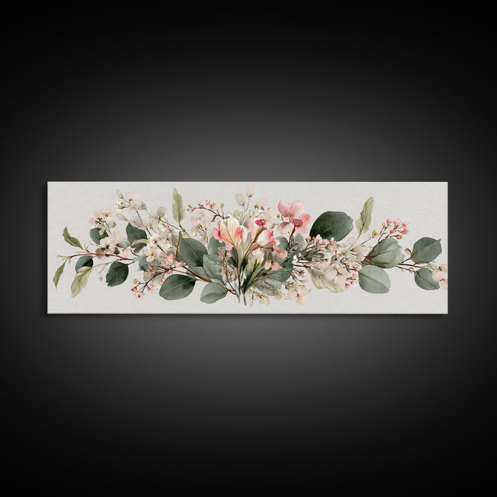 Soft Eucalyptus And Blush Magnolia Garland Wall Art, Panoramic Botanical Print, Neutral Floral Decor, Above Bed Canvas Print