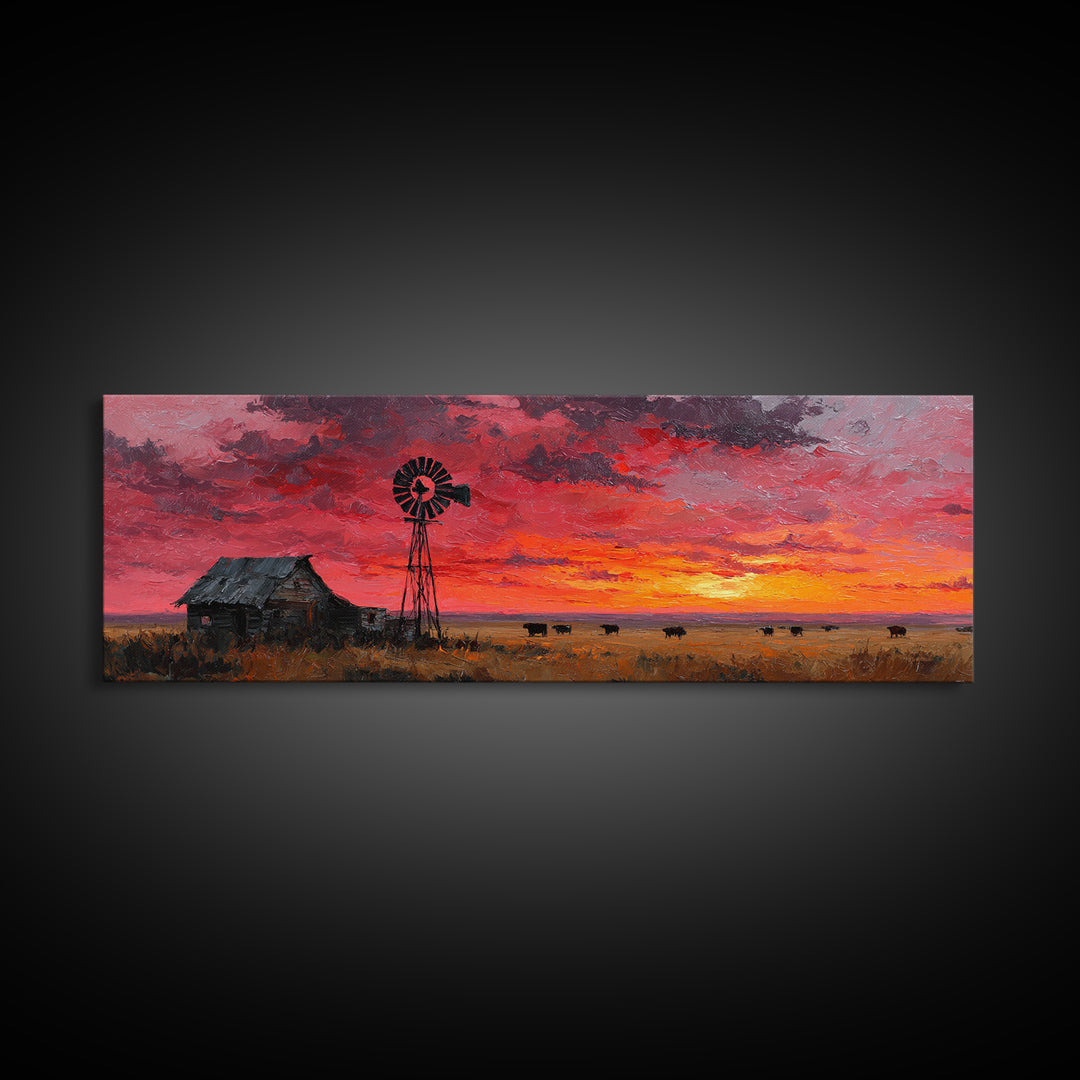 Rustic Windmill Homestead Sunset Wall Art, Western Landscape Canvas Print For Farmhouse Decor, Country Living Room Art Gift