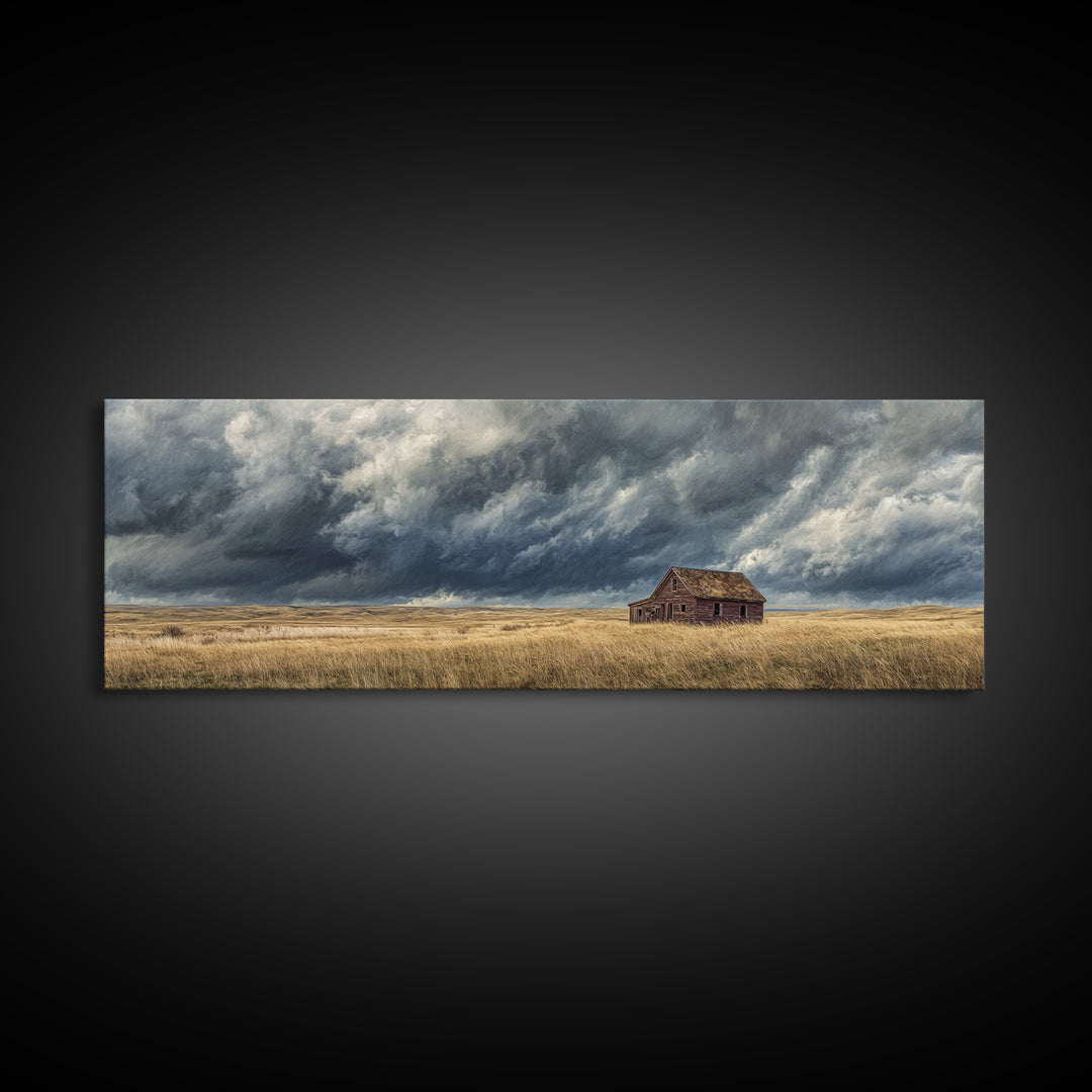 Abandoned Farmhouse Under Storm Clouds Wall Art, Moody Prairie Landscape Canvas, Rustic Country Decor For Living Room, Large Print