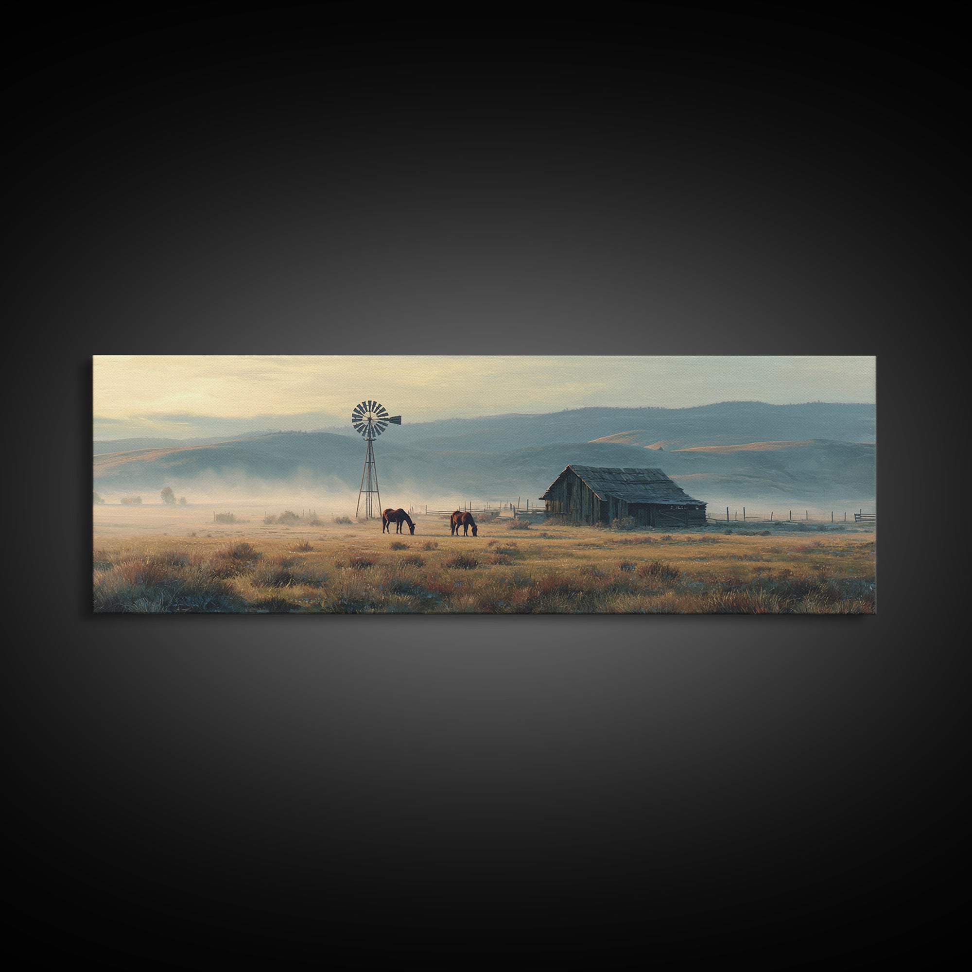 Misty Western Ranch Windmill Framed Canvas Print, Rustic Farmhouse Wall Art With Horses For Country Home Decor Gift Idea