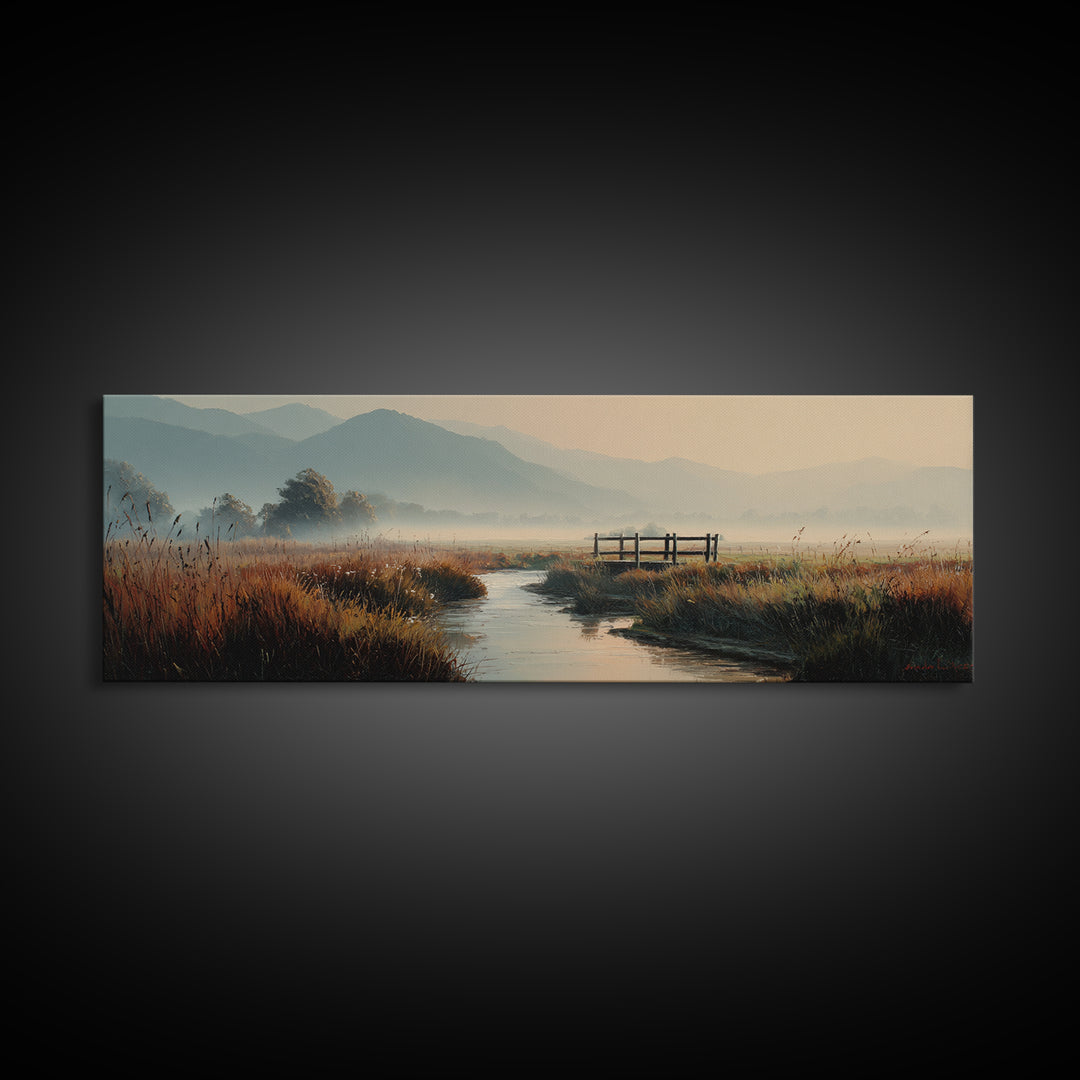 Misty Marsh Creek Canvas Print, Serene Mountain Landscape Wall Art, Neutral Nature Painting, Rustic Living Room Decor Print