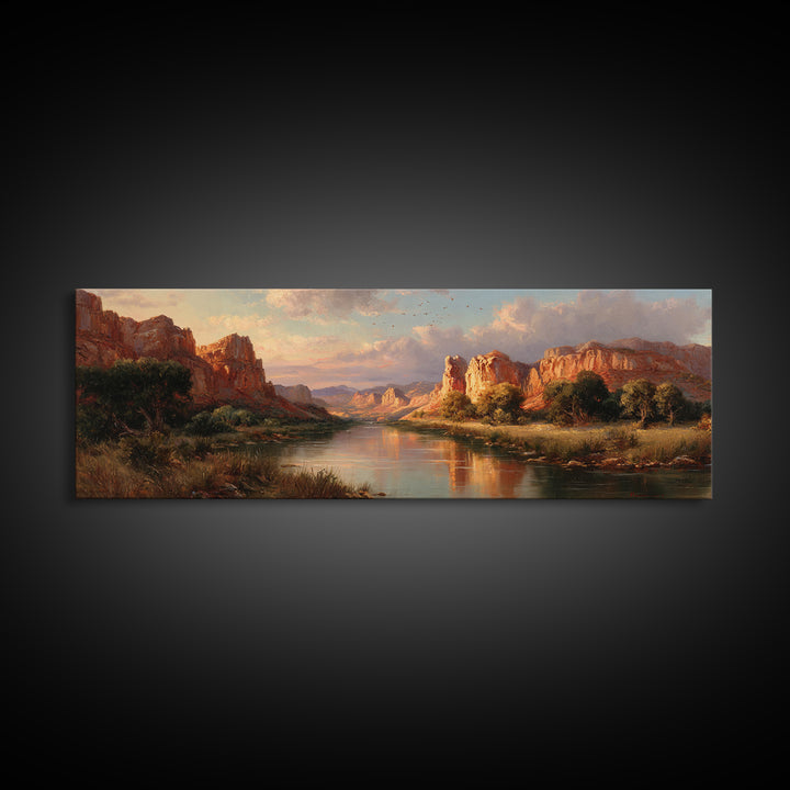 Red Rock Canyon River Wall Art, Southwestern Landscape Painting, Large Horizontal Art, Desert Decor, Living Room Wall Decor