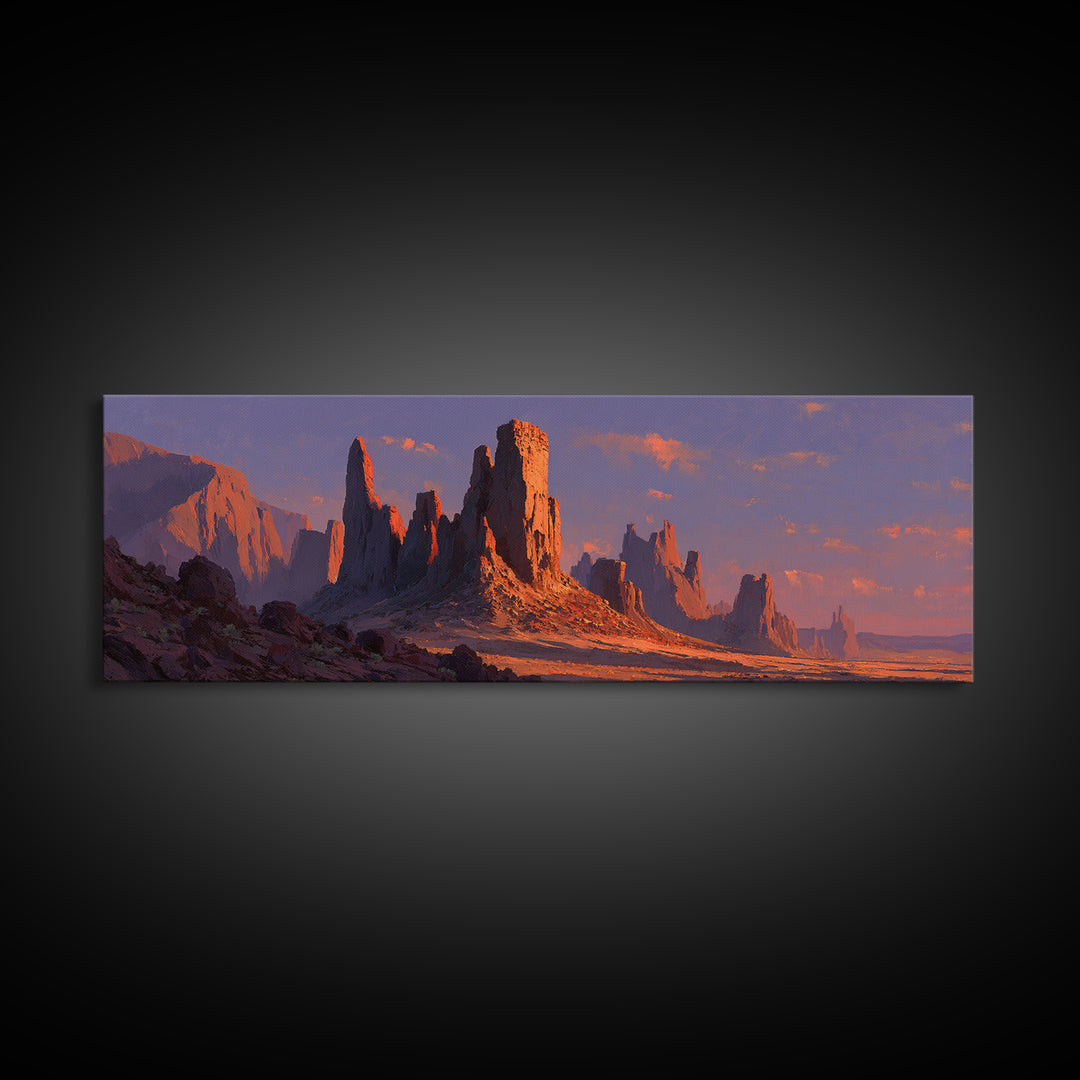 Sunset Desert Monoliths Wall Art, Panoramic Southwestern Landscape Print, Western Home Decor, Large Horizontal Canvas Print
