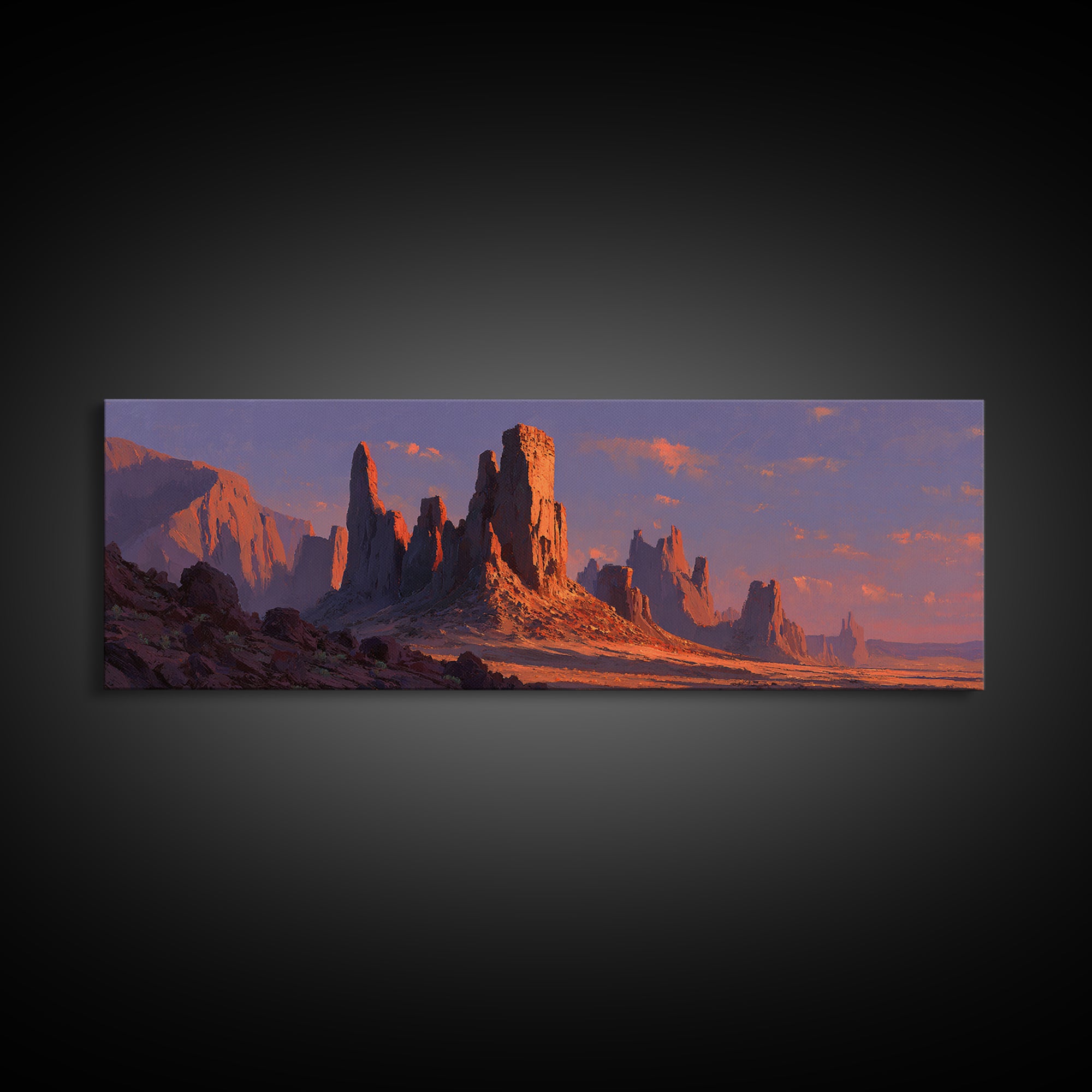 Sunset Desert Monoliths Wall Art, Panoramic Southwestern Landscape Print, Western Home Decor, Large Horizontal Canvas Print