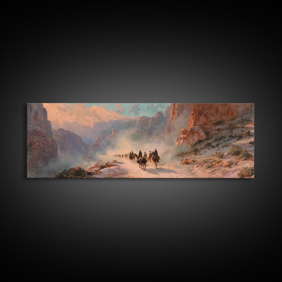 Western Riders In Sunlit Canyon Wall Art, Cowboy Landscape Painting, Southwestern Decor, Rustic Canvas Print For Living Room