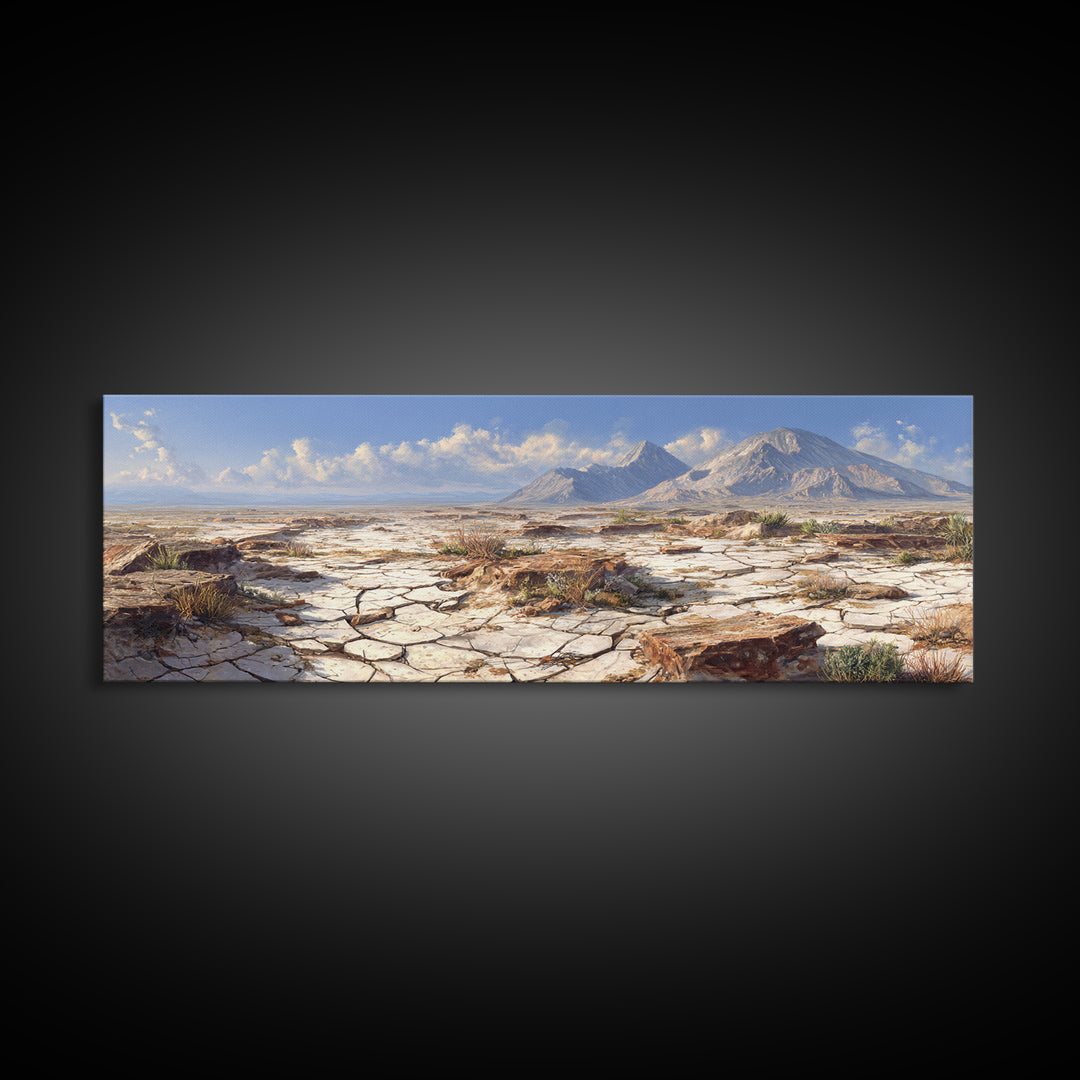 Cracked Desert Plain With Distant Mountains Wall Art, Southwestern Landscape Print, Earth Tone Home Decor, Large Canvas Print
