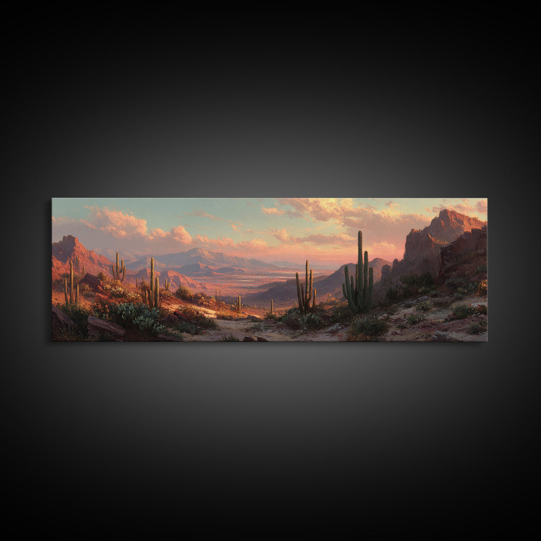 Desert Canyon Sunset With Saguaro Cactus Wall Art, Southwestern Landscape Framed Canvas Print, Rustic Home Decor For Living Room