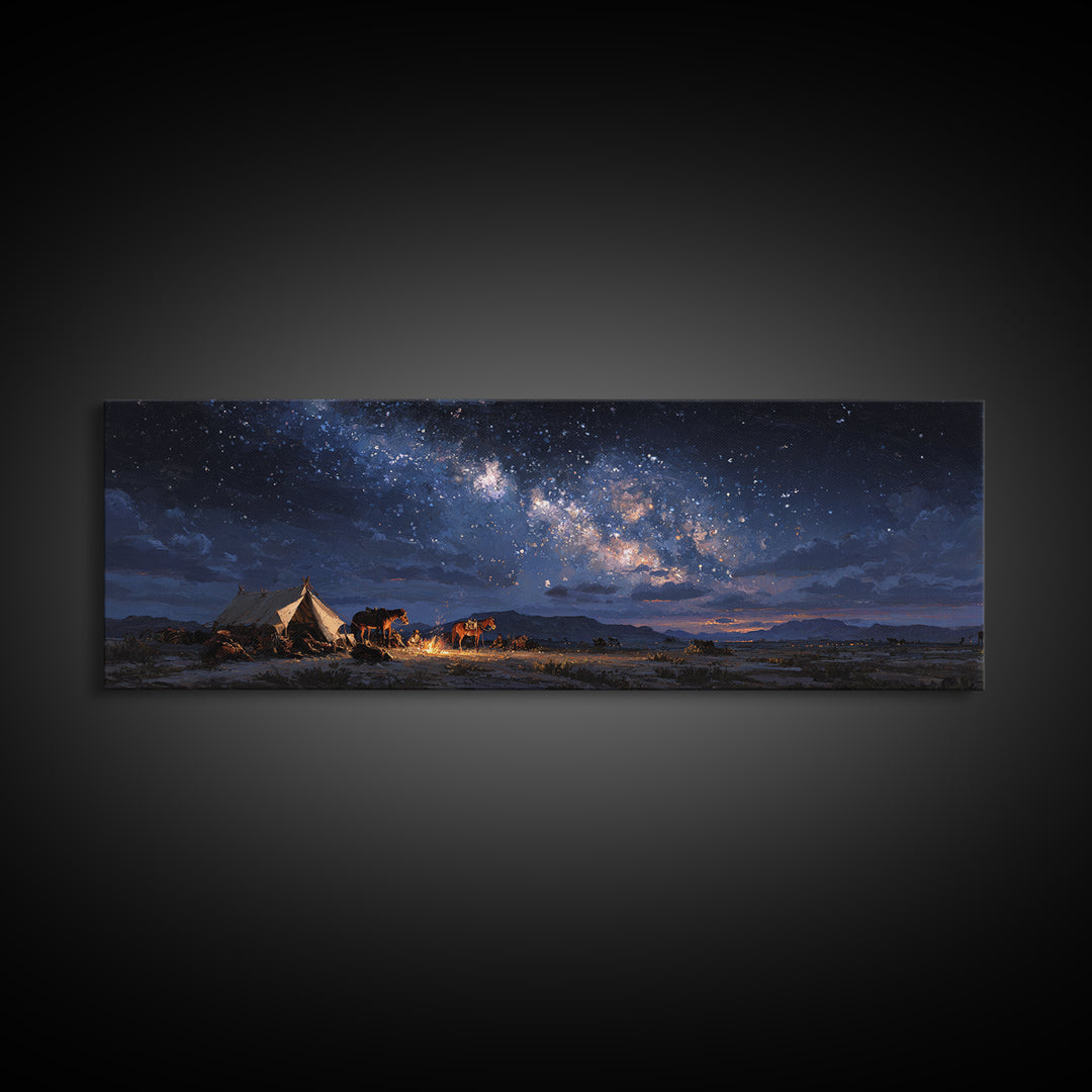 Starry Night Desert Camp With Horses Wall Art, Milky Way Western Landscape Canvas Print, Rustic Cowboy Decor For Living Room